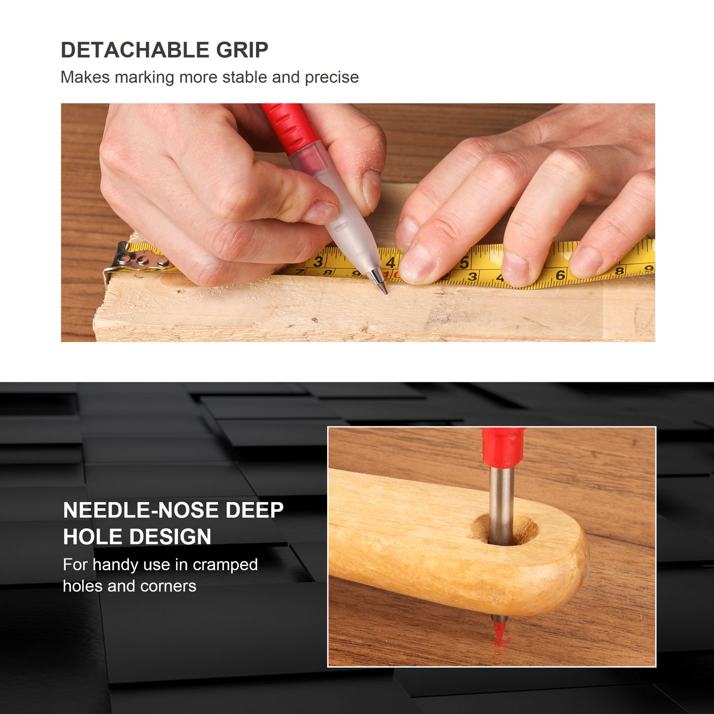 HAUTMEC 4Pcs Solid Carpenter Pencil with 6 Refills, Long Nose Deep Hole Mechanical Pencil Marker with Sharpener for Woodworking Architect Construction (Black, Yellow, Red) HT0293-DM-4PC