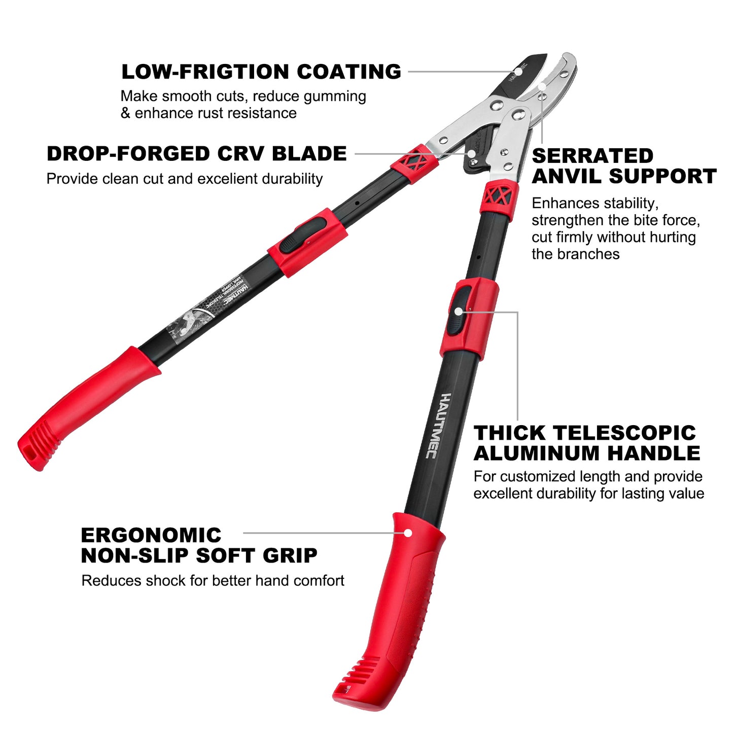 HAUTMEC Extendable 27-37'' Anvil Loppers with Compound Action System, 2" Cutting Capacity, Labor-Saving Tree Trimmer, Heavy Duty Thick Branch Garden Pruning Clippers Scissors HT0149-PS