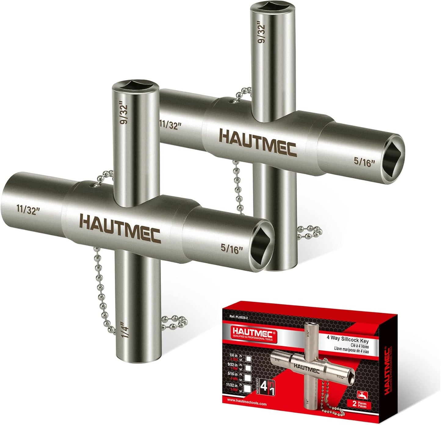 HAUTMEC 4 Way Sillcock Water Key Set 2 Pack, 1/4", 9/32", 5/16", 11/32" Steel Multi-Function Utility Key for Sillcocks Faucets Valves Spigots PL0028-2