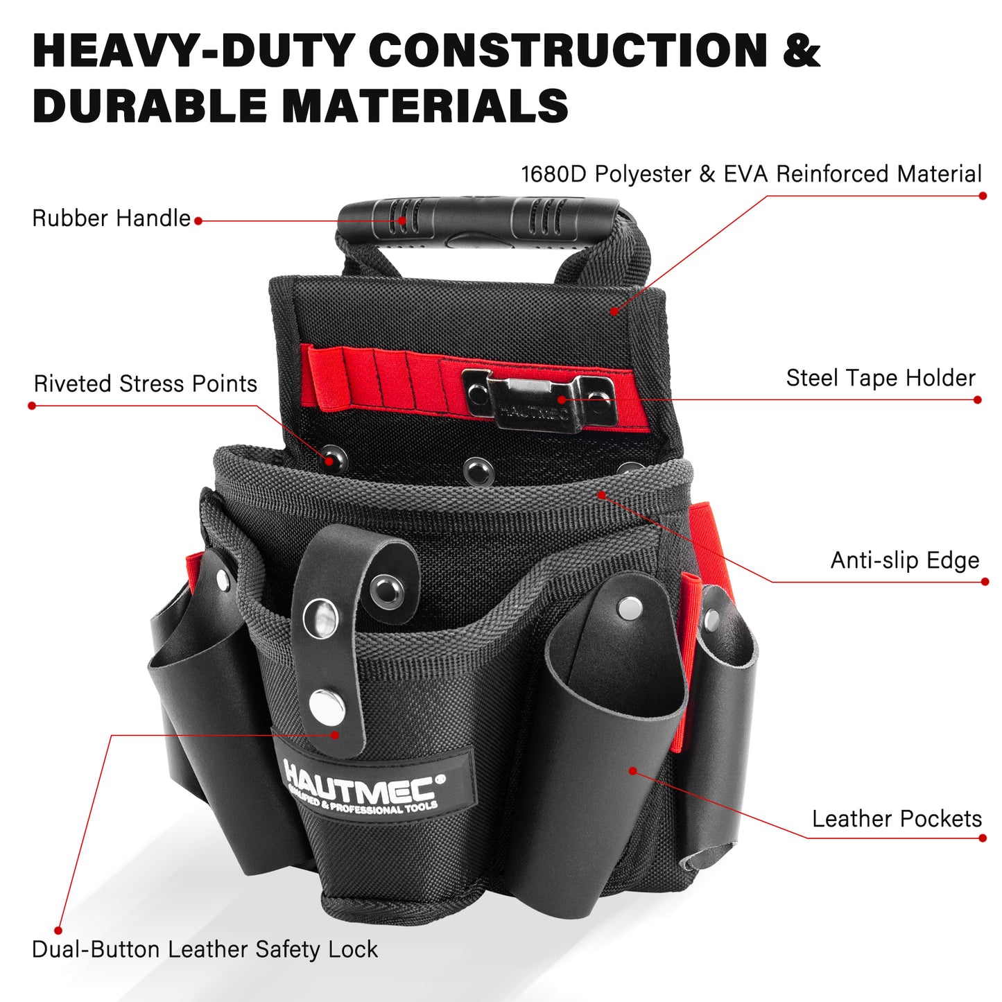 HAUTMEC Heavy-Duty Tool Pouch with Drill Holster, 1680D Tool Bag for Belt with Rubber Handle, 2 Main Compartments, 4 Leather Pockets, 11 Elastic Loops, Tape Measure Holder  – HT0410