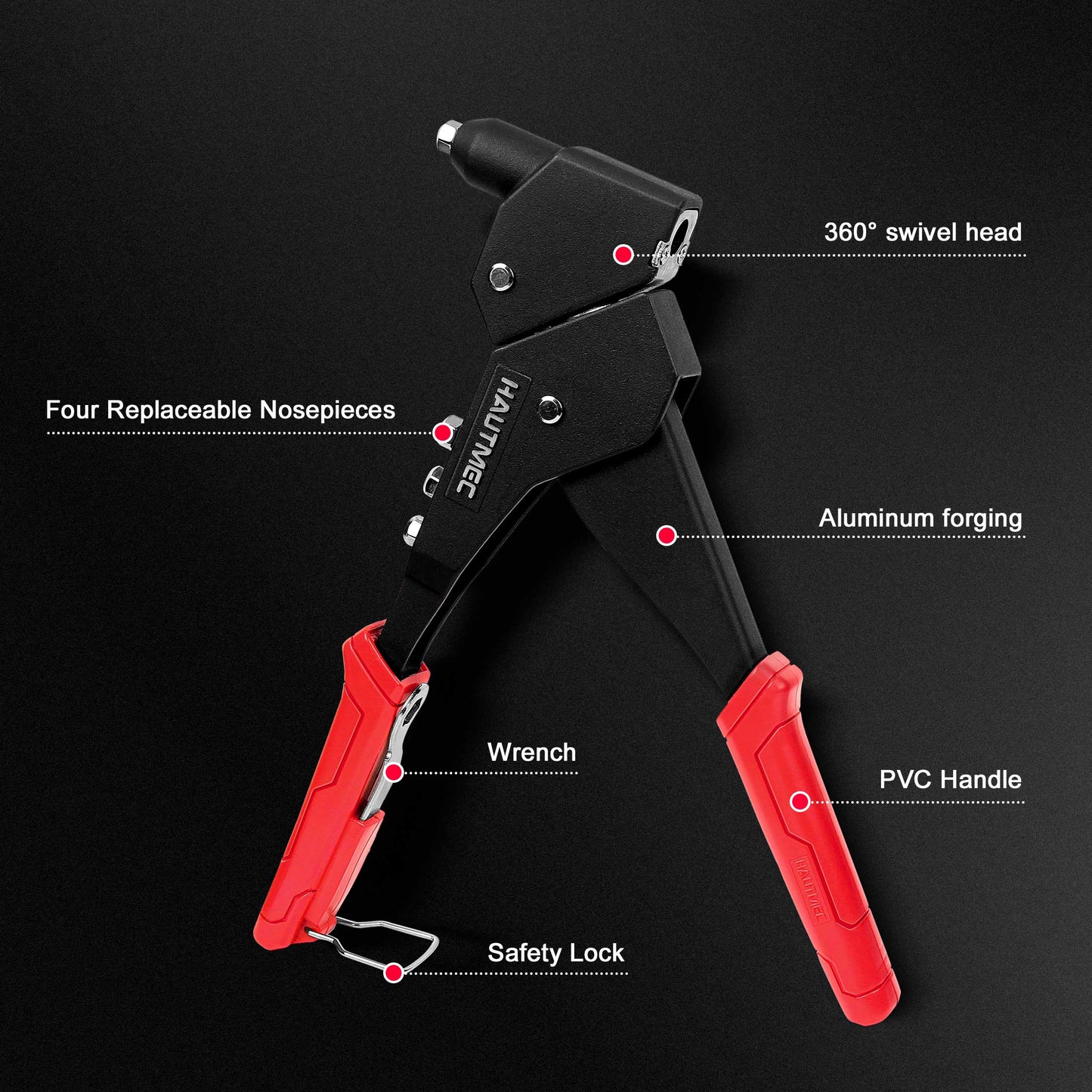 HAUTMEC Pop Rivet Gun,360° Swivel Head Hand Rivet Tool with 4 Manual Interchangeable Rivet Heads HT0128-HR