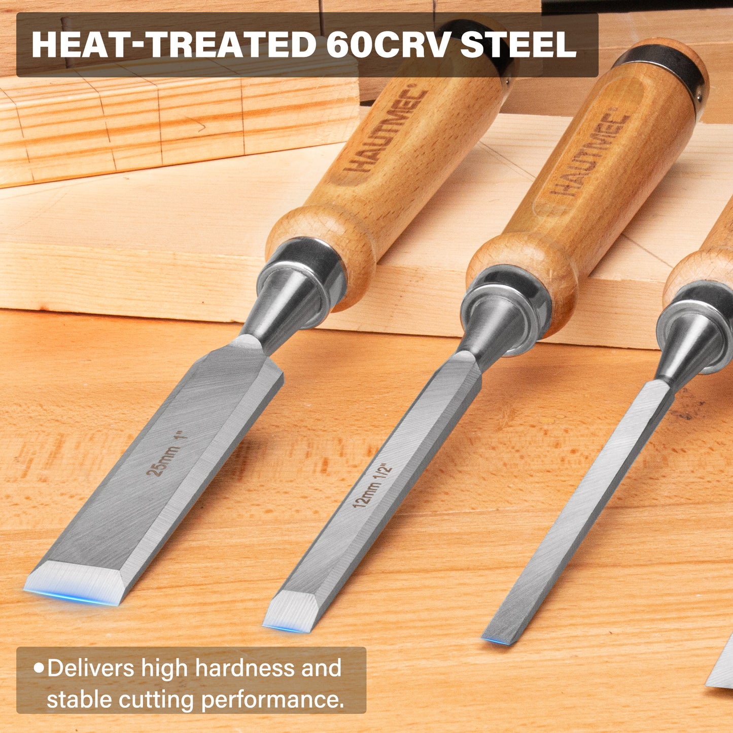 HAUTMEC 4PCS Wood Chisel Set for Woodworking, Carpentry Carving Tool with Bevel Edged Steel Blade, High Impact Handle for Woodcutting Sharpening HT0235-WW