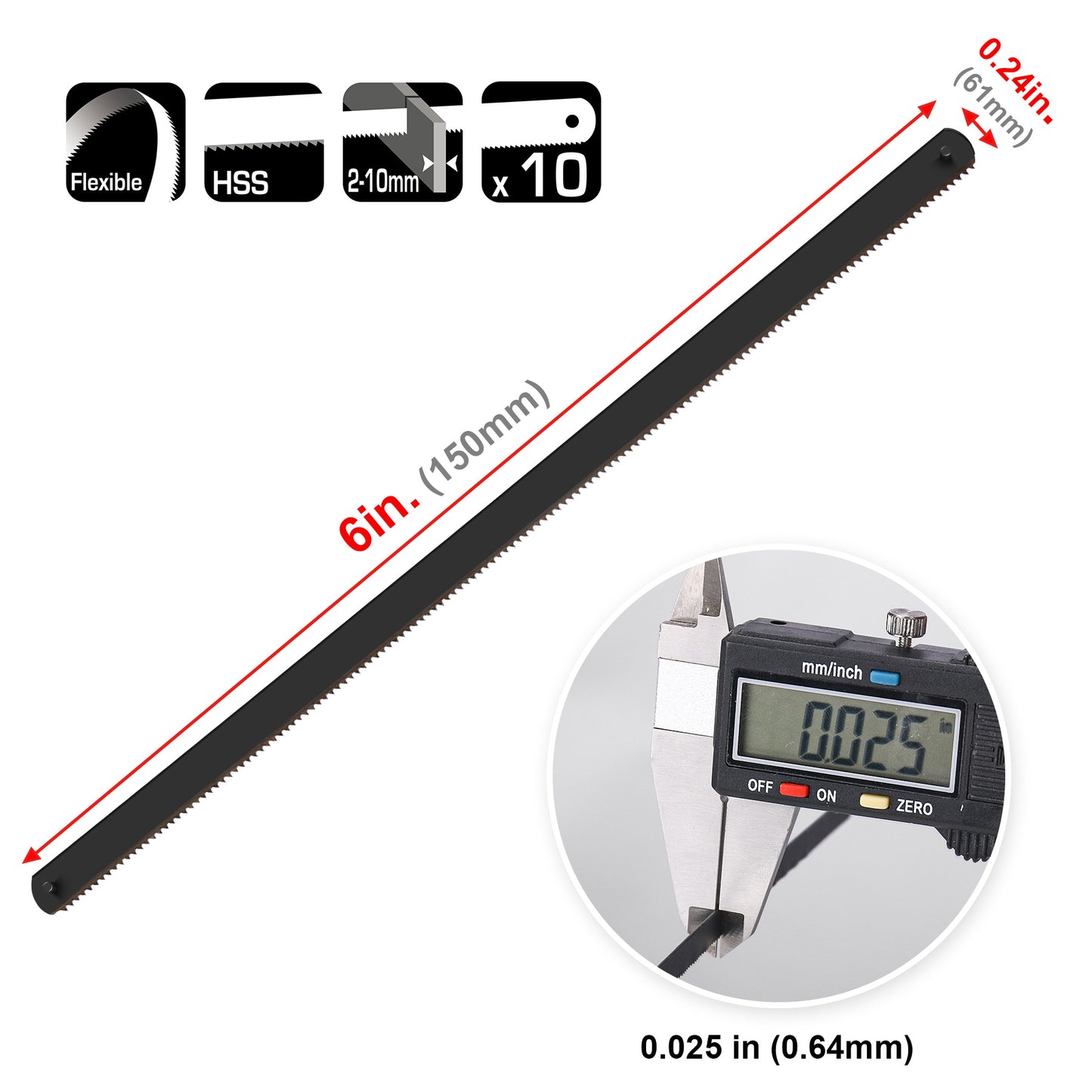 HAUTMEC Professional Bi-Metal Steel Mini/Junior Hacksaw Blades 6 inch, High Speed Steel Grounded Medium Teeth, Pack of 10, HT0150-CT