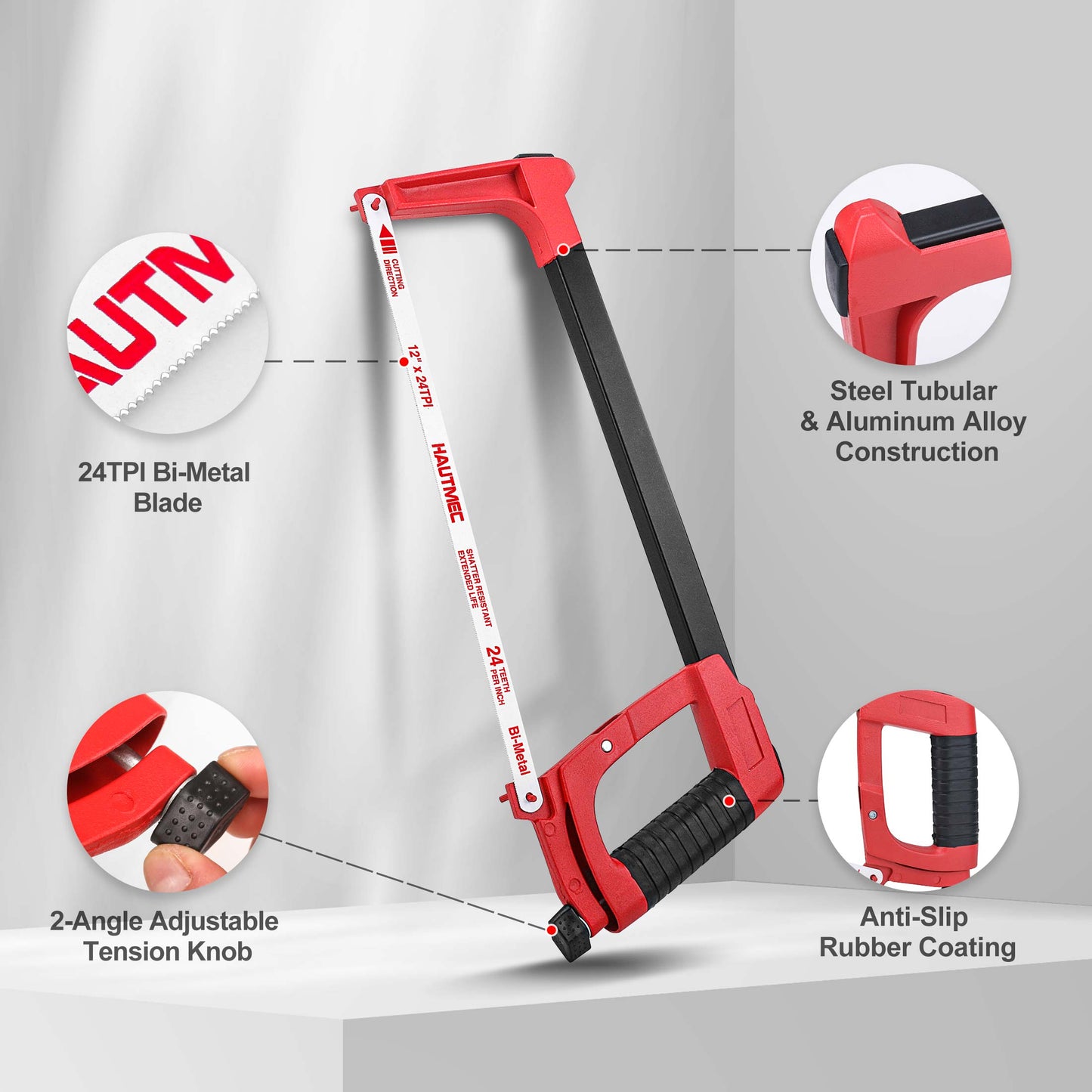 HAUTMEC 12 Inch Adjustable Hacksaw Frame With Blade Cabin, Heavy Duty 45°/90°2 Sawing Angles, 24 TPI High Tension Bi-metal HSS Blade, for Metal, Steel Pipe, PVC, Wood HT0015-CT