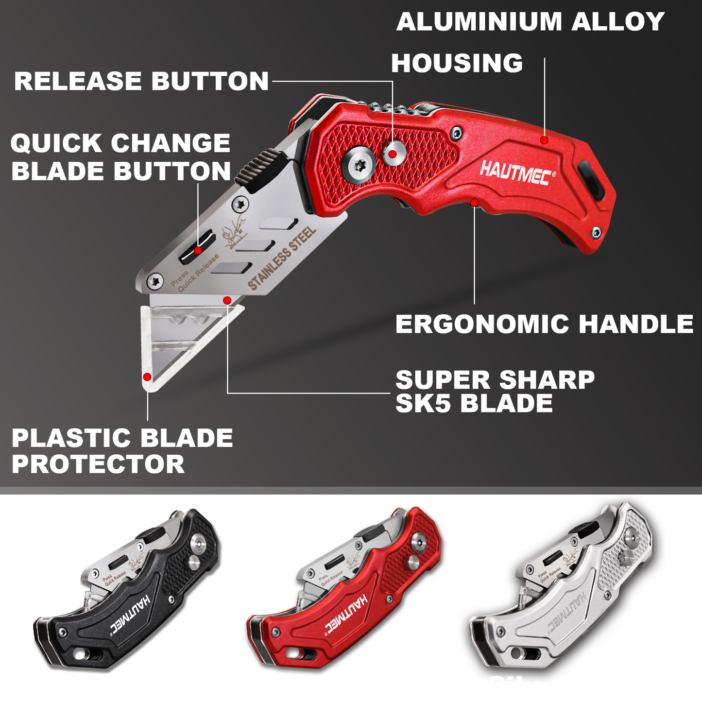 HAUTMEC 3-Pack Folding Utility Knife, Durable Aluminum Box Cutter with Quick-Change Blades & Lock-Back Safety Design, Includes 15 Extra SK5 Blades, HT0429-KN