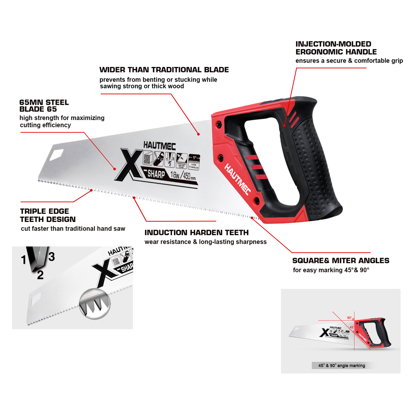 HAUTMEC X-Sharp 18 in. Universal Hand Saw - 7 TPI Universal Cuts Wood Saw - Professional Universal Saws for Wood, Laminate And Plastic - Ripcut And Crosscut Saw, HT0151-SA