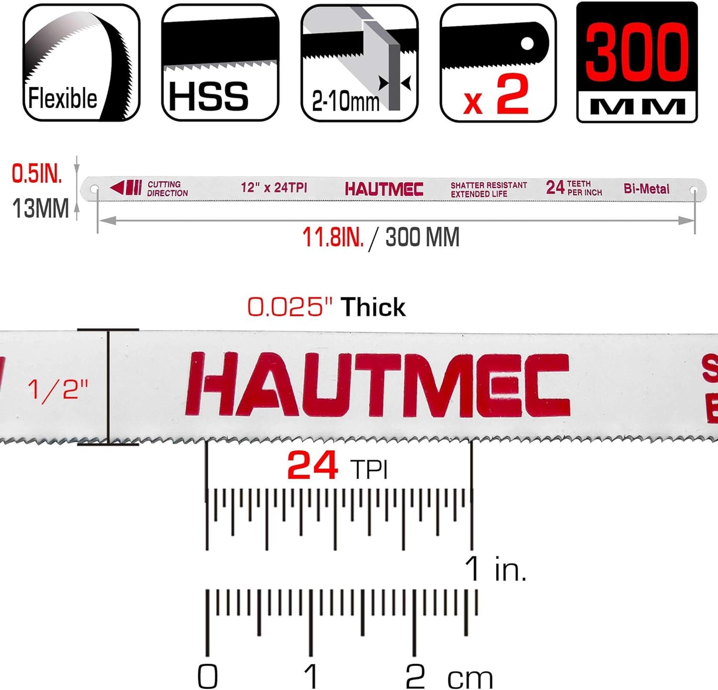 HAUTMEC 12" Hacksaw Blades Replacement Bi-Metal 24 TPI High Speed Steel Grounded Teeth, 2 Pack, HT0017-2PC