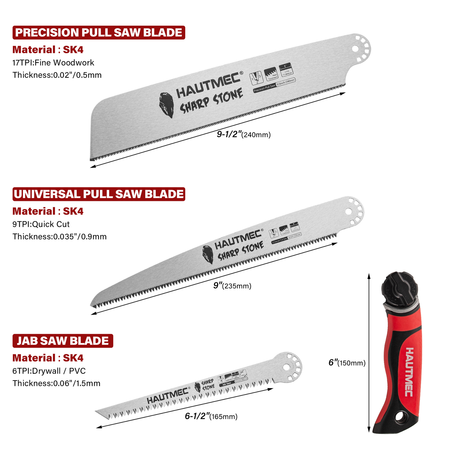 HAUTMEC 3-In-1 Japanese Pull Saw, Replaceable Blade Handsaw with 4-Angle Cutting, Pro Woodworking Cutting Tool (9.5-Inch 17TPI Fine-Cut, 9-Inch 9TPI Quick Cut, 6.5-Inch 6TPI Jab Saw) – HTHDM25050