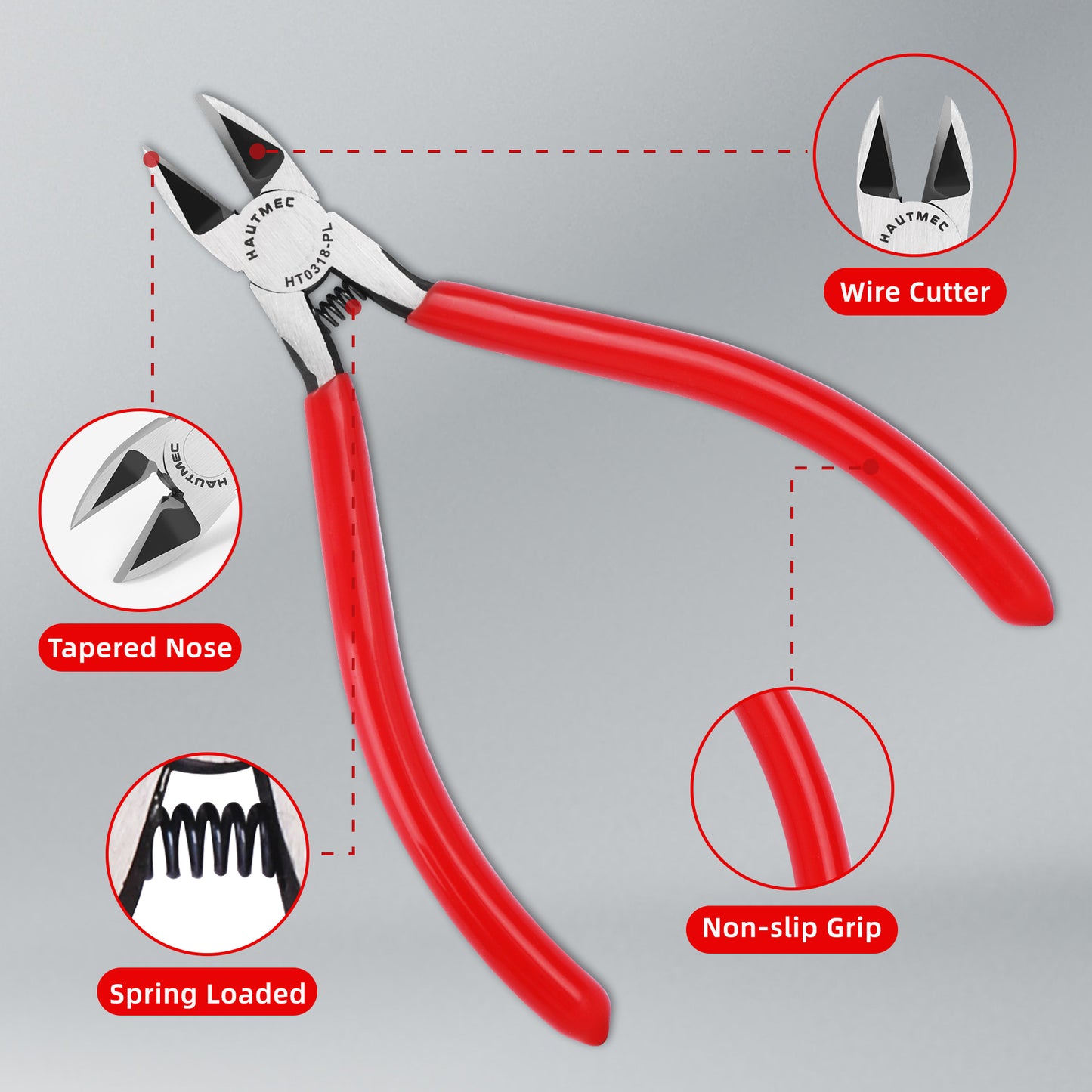 HAUTMEC 6" Flush Cut Pliers Ultra Sharp Wire Cutters with Spring Loaded and Non-slip Grip, Ideal Wire Snips for Plastic, Soft Wire, Toy Model Kits, Jewelry Marking, Zip Ties, Hard Board HT0318