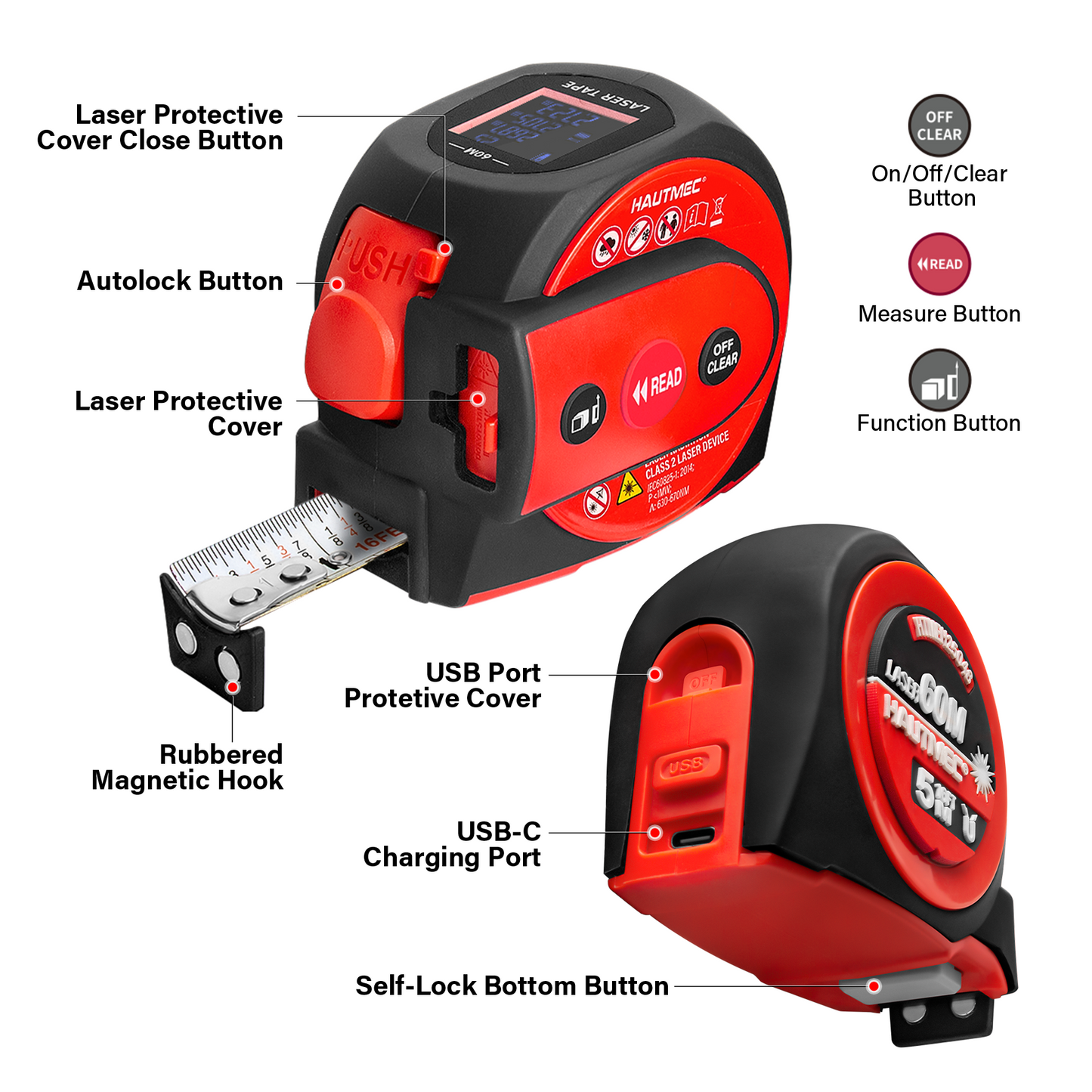 HAUTMEC 2 in 1 Digital Laser Tape Measure, 197ft/60m Digital Measuring Tape & 16ft/5m Auto Lock Tape Measure, Support to Pythagorean, Area, Volume Rechargeable, for Construction 25048