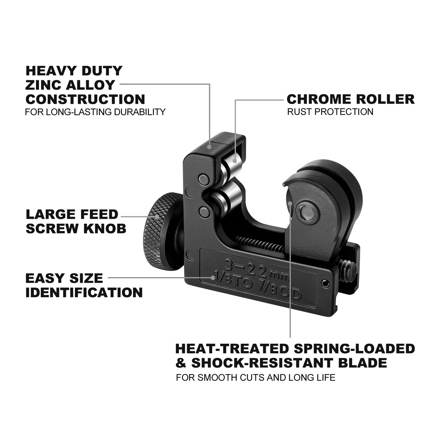 HAUTMEC Copper Pipe Cutter Tool 1/8" to 7/8" OD (3-22mm), Mini Copper Tubing Cutter Tool for PVC, Copper, Aluminum, and Thin Stainless Steel Tube HT0132-TC