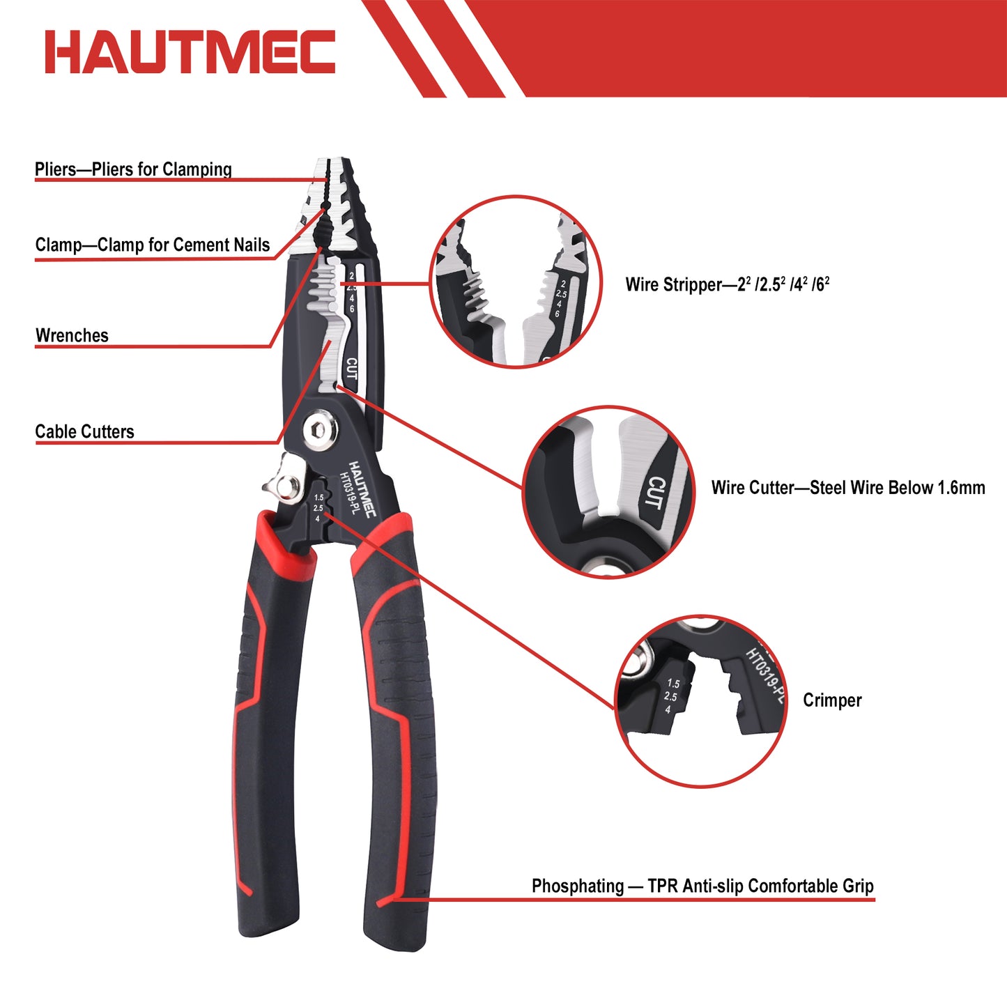 HAUTMEC Forged Wire Stripper Pliers 8", Compact Design, Multifuncion Electrical Tool: Pliers,Stripper, Cable Cutter, Crimper HT0319-PL
