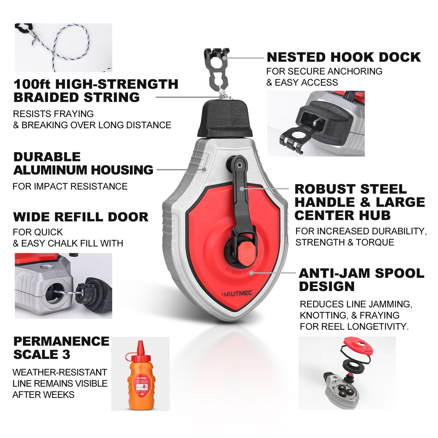 HAUTMEC Pro Aluminum Alloy Chalk Reel 30M/100ft Kit with Red Chalk，6:1 Ratio Gear Speed, Strong Chalk Line for Carpenters & Builders, HT0358