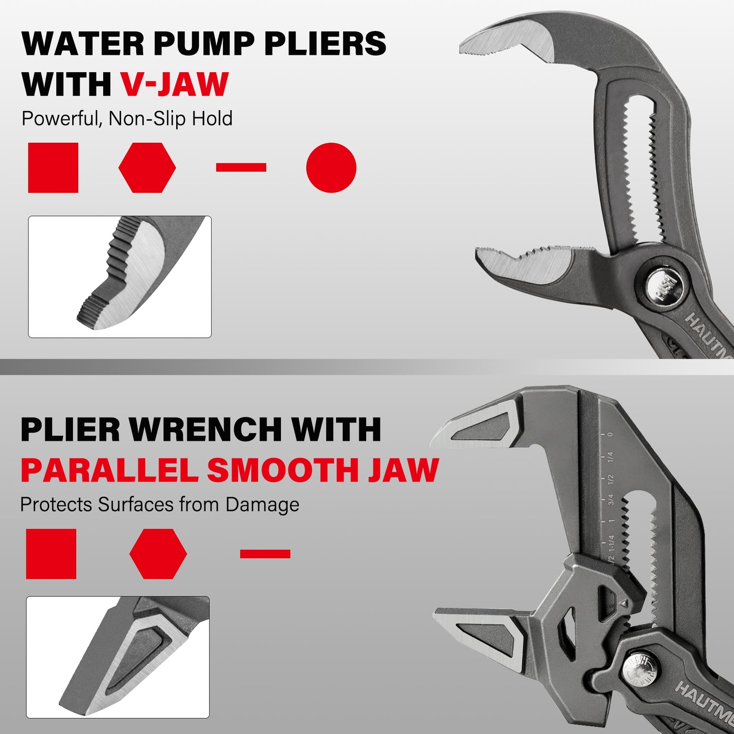 HAUTMEC  2-Piece 10 Inch Adjustable Pliers Wrench & Water Pump Pliers, Parallel Smooth Jaw & V-Jaw, CR-V Steel, Fast Adjustable Tongue and Groove Joint Pliers for Plumbing, Mechanical, Home Repair HTAWH25027