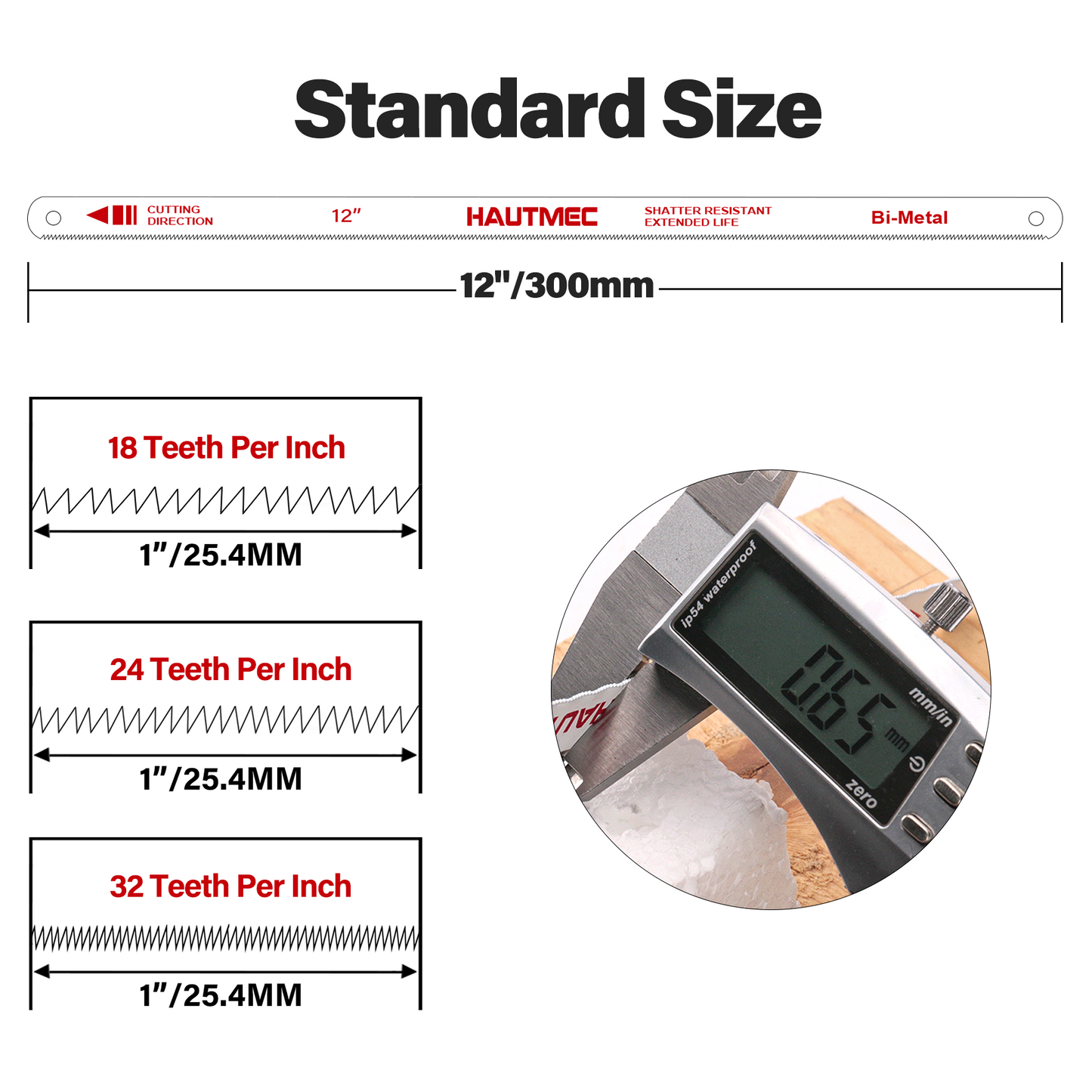 HAUTMEC 12" Hacksaw Blades Replacement Bi-Metal (100 Pack) 24 TPI High Speed Steel Grounded Teeth HT0017-100PC