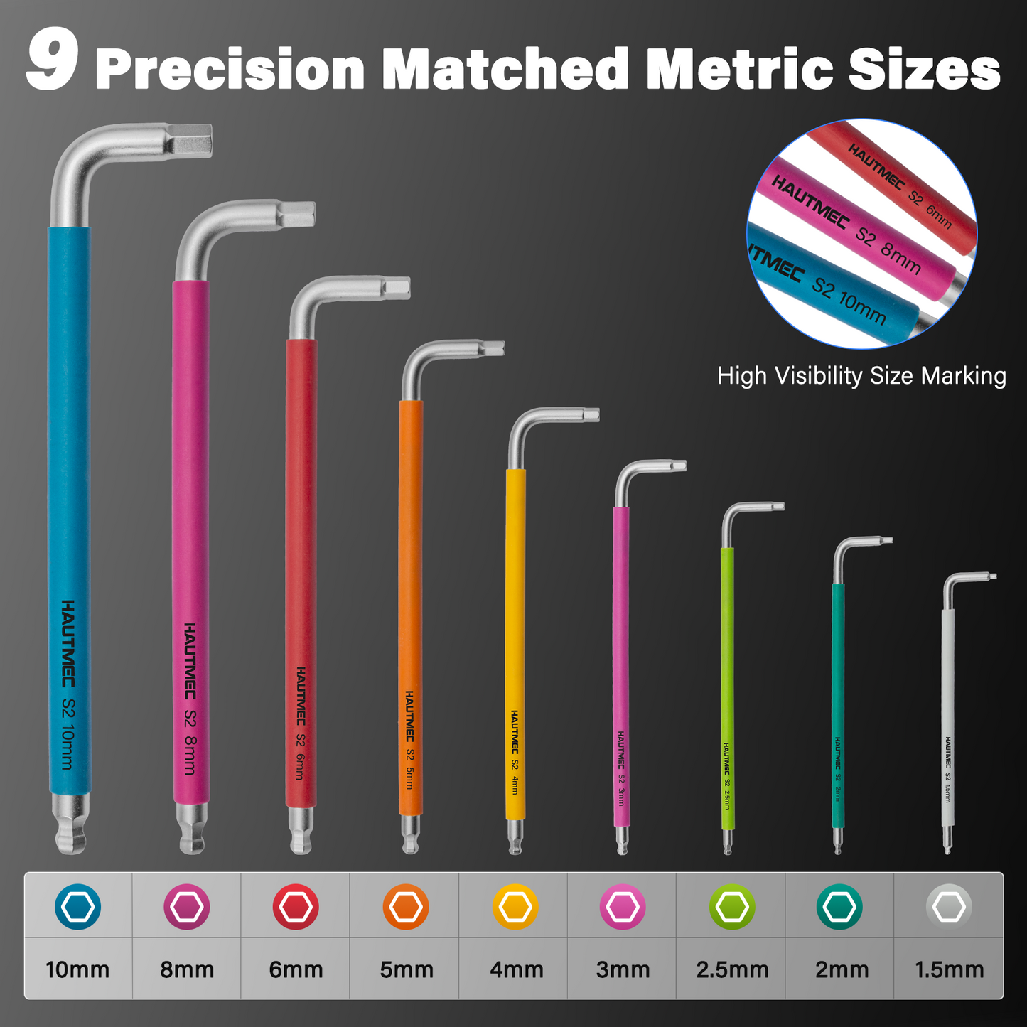 HAUTMEC Metric Allen Wrenches Sets with Ball End, 9PCS Extra Long Arm Hex Key Set,  Heavy-Duty S2 Steel Pro Allen Key Set, 1.5-10mm, Color Coded Sleeve with Belt Loop Pouch for Professional Mechanics HTHKP25054