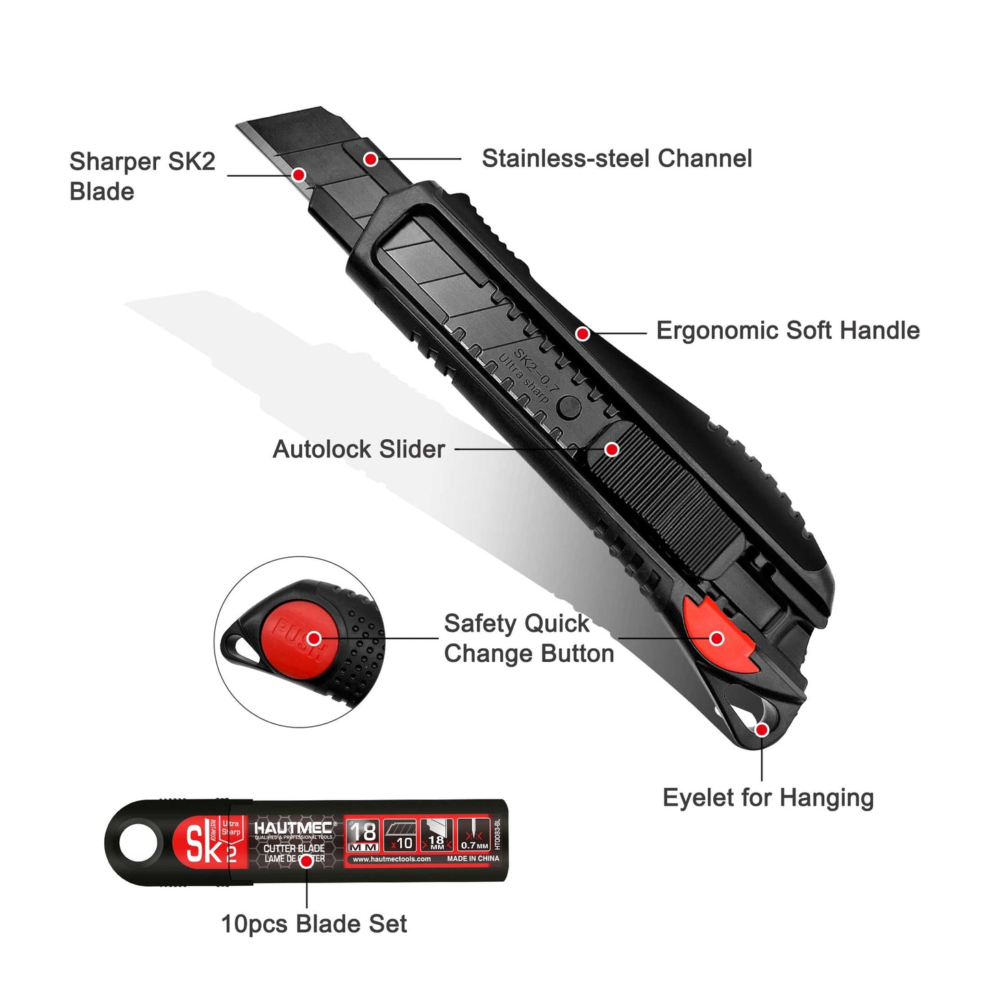 HAUTMEC Pro 18mm Black Auto-Lock Utility Knife Set Including 10pcs Ultra Sharp Black Snap-off Blades in Case, HT0094-KN