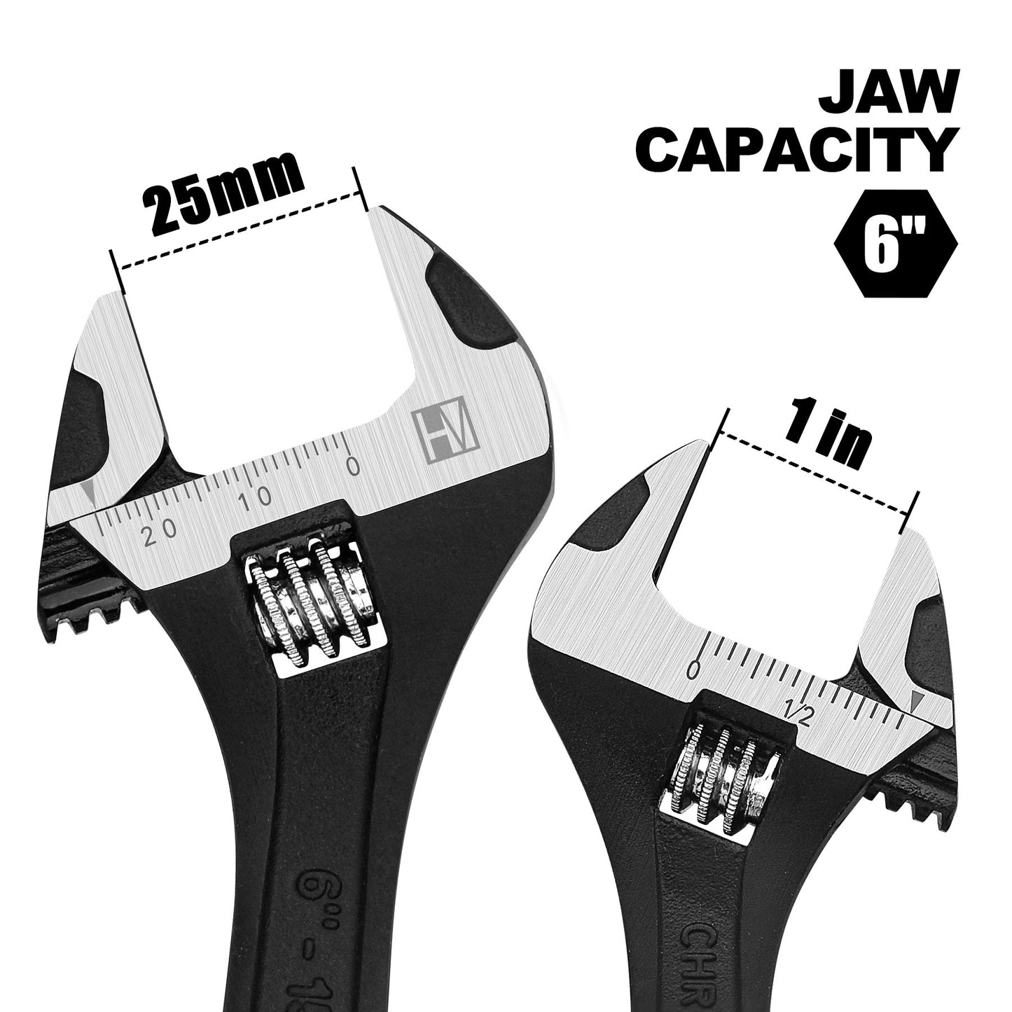 HAUTMEC 6 inch Adjustable Wrench Extra Wide Jaw Black Finish Adjustable Wrenches Drop-Forged CR-V Steel Metric & SAE Scales for Home Garage Workshop DIY,  HT0372