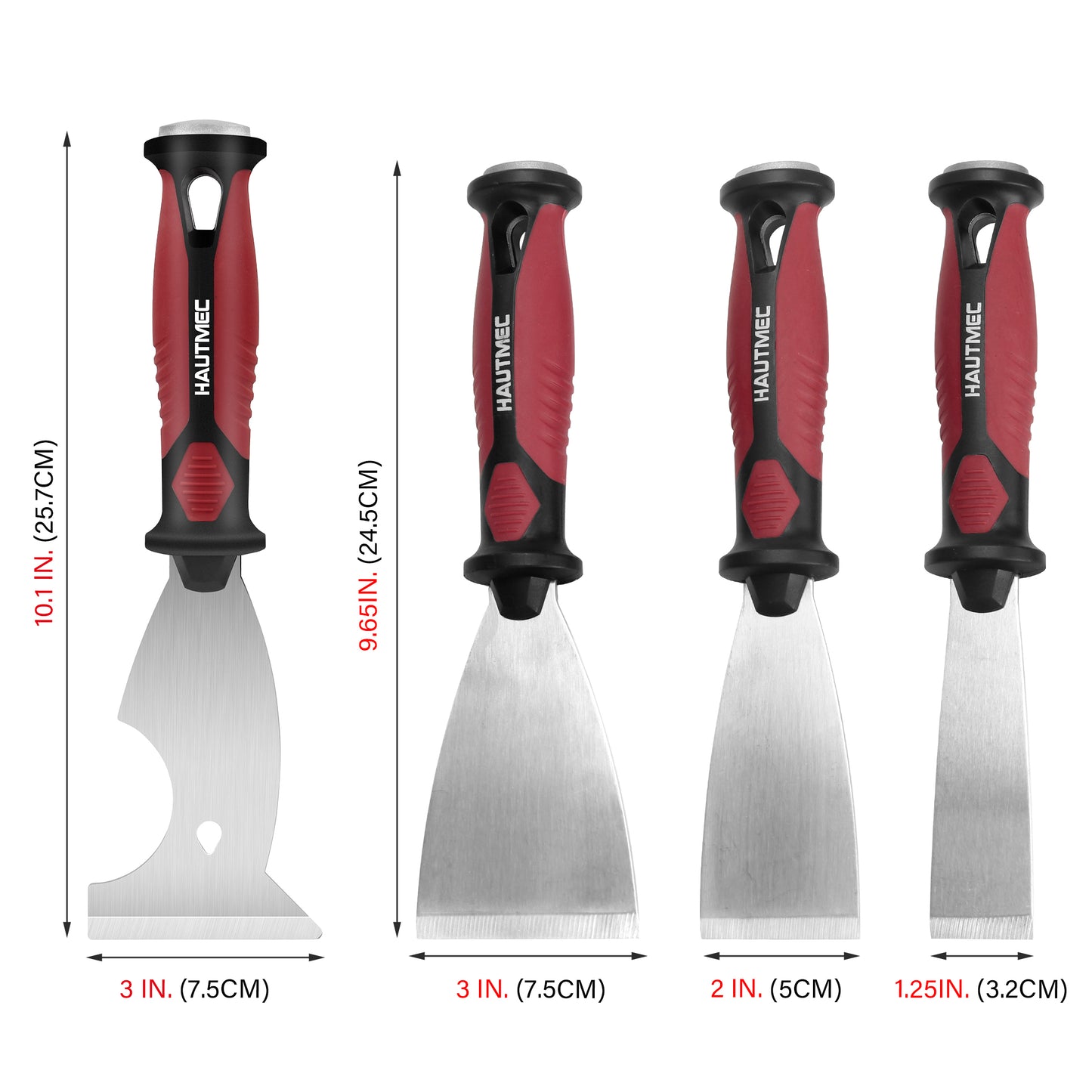 HAUTMEC Putty Knife 4 PC Set, 1.25",2",3" Paint Scraper & 3" 8-in-1 Paint Stripper, Heavy Duty Stainless Steel Blade and Hammer End for Removing Wallpaper, Plaster, Cement HTPSH25060