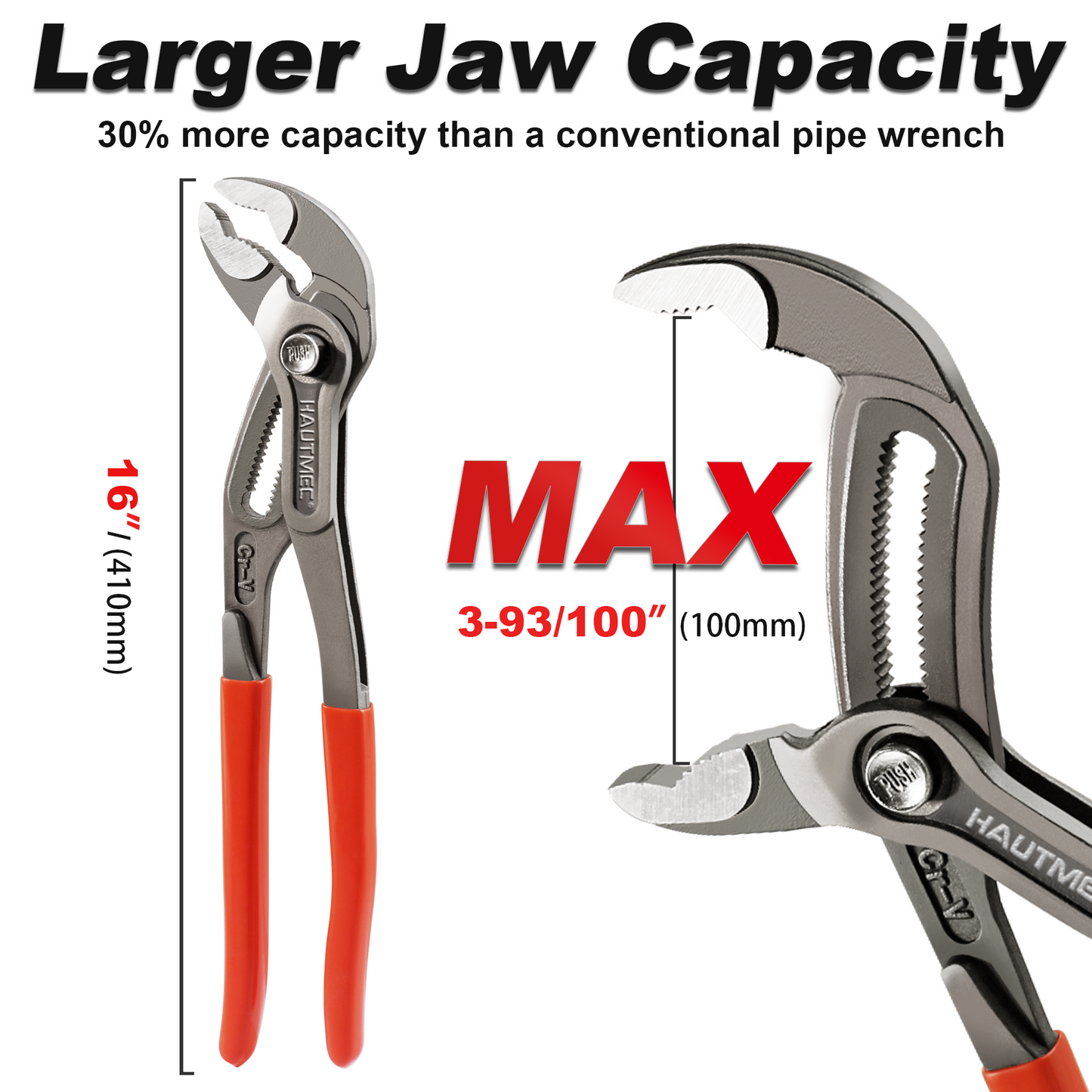 HAUTMEC 16-Inch Water Pump Pliers, Fast Adjustable Tongue and Groove Joint Pliers, V-Jaw with Comfort Grips, Rust-Proof CRV Steel Construction for Plumbing, Home Repair, and Pipe Fittings HT0369-PL