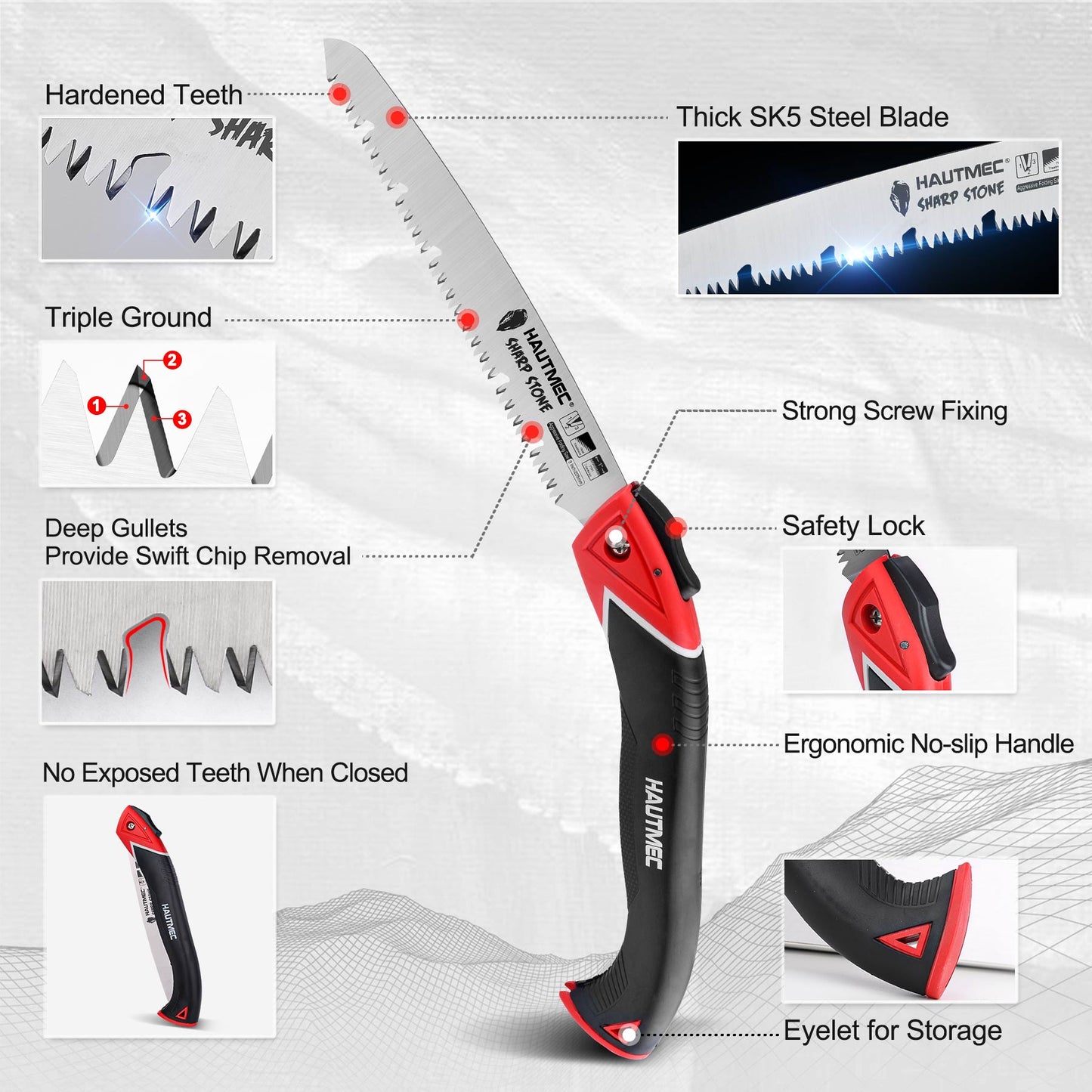 HAUTMEC 9 Inch Pro Folding Pruning Handsaw of Sharp Stone Serie, SK5 Blade, Precision Hardened Triple-cut Teeth, Deep Gullets for Swift Chip HT0304