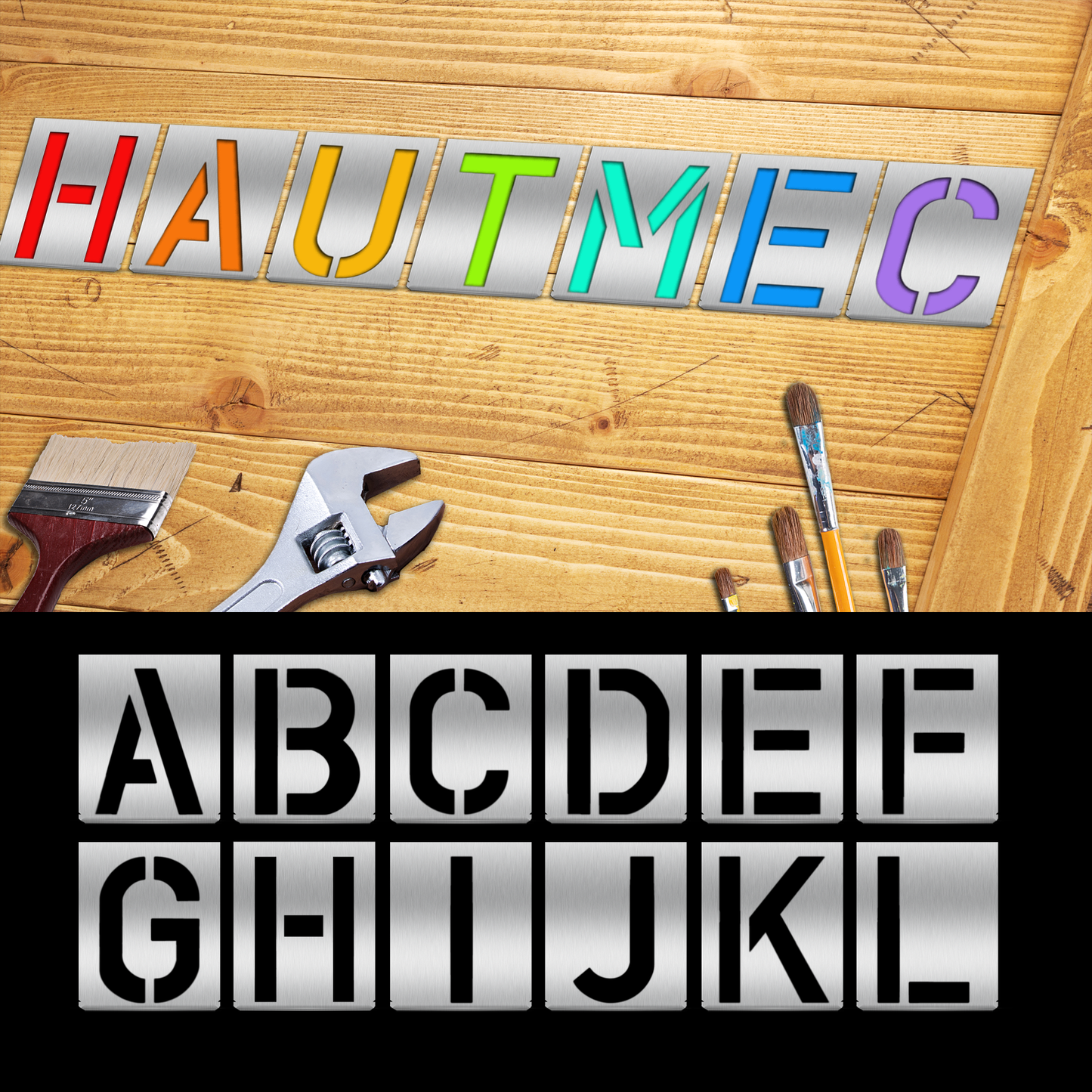 HAUTMEC 10 INCH (250mm) Vintage Stainless Steel Letters Stencils, A to Z 26PCS Stainless Steel Stencils & Holder,Shop Stencil, Advertising Stencilling, Craft-Printing, Reusable HT0333