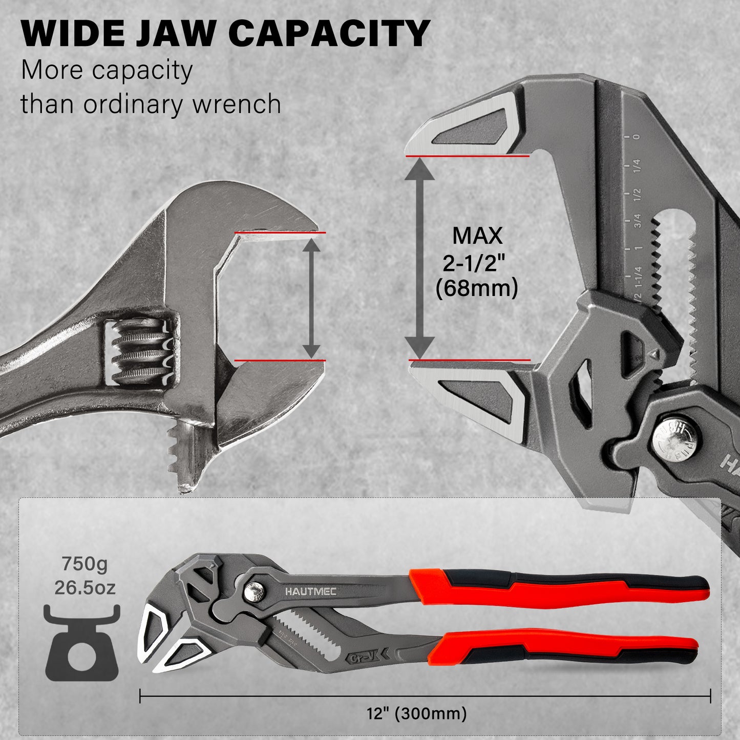 HAUTMEC Adjustable Pliers Wrench, 12-Inch Smooth Jaw Parallel Pliers, Heat-Treated CR-V Steel & Phosphated Rust-Resistant, SAE/Metric Scale, Storage Belt Pouch for Professional Plumbing & DIY HTAWH25025