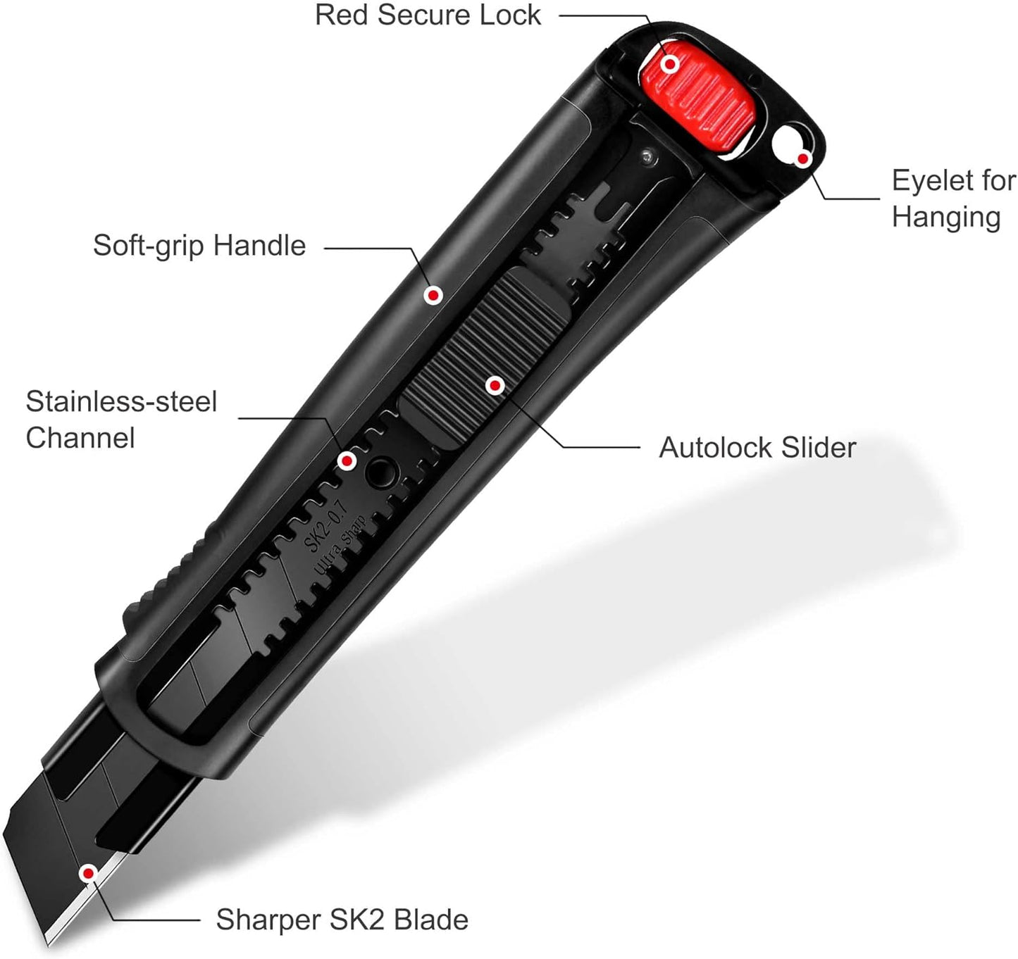 HAUTMEC 25mm Extra Heavy Duty Utility Knife with Double Lock Mechanism, Auto-Lock and Ratchet- Lock for Double Safety, SK2 Sharp Black Blade for Industrial or Construction Applications HT0254-KN