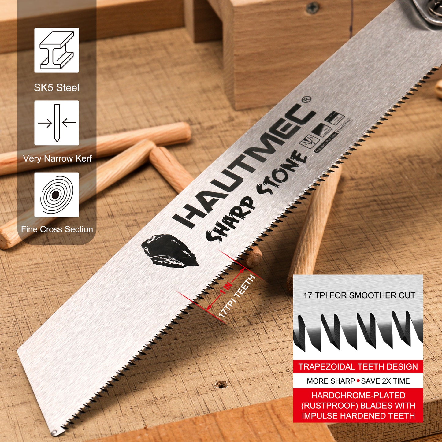 HAUTMEC Japanese Pull Saw, 9“ Foldable Hand Saw with SK5 Steel Blade, Trapezoidal Teeth for Woodworking, Sharp Stone Series, HT0312