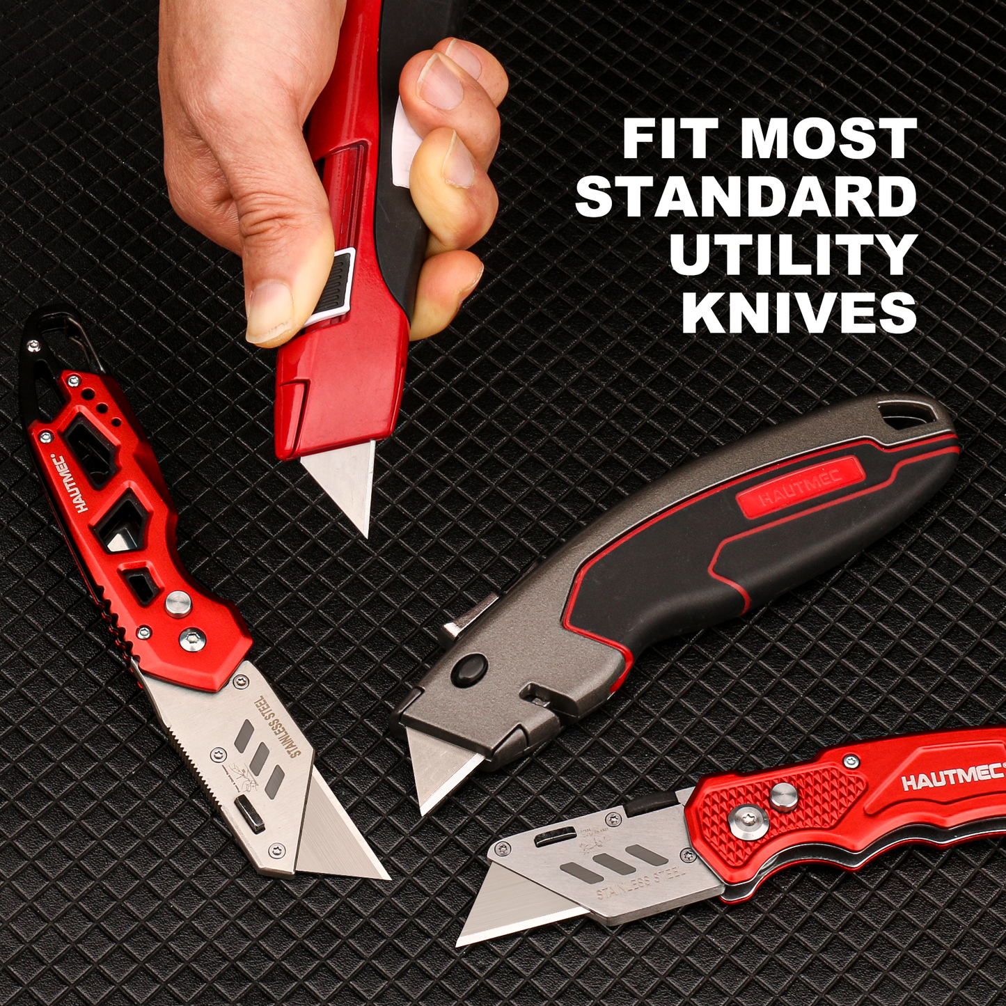 HAUTMEC 100 Pack Utility Knife Blades, Standard Box Cutter Blades with Innovative Safty Dispenser, Premium Carbon Steel Utility Blade Replacement, for Box, Carpet, Rope - HTUBL25011