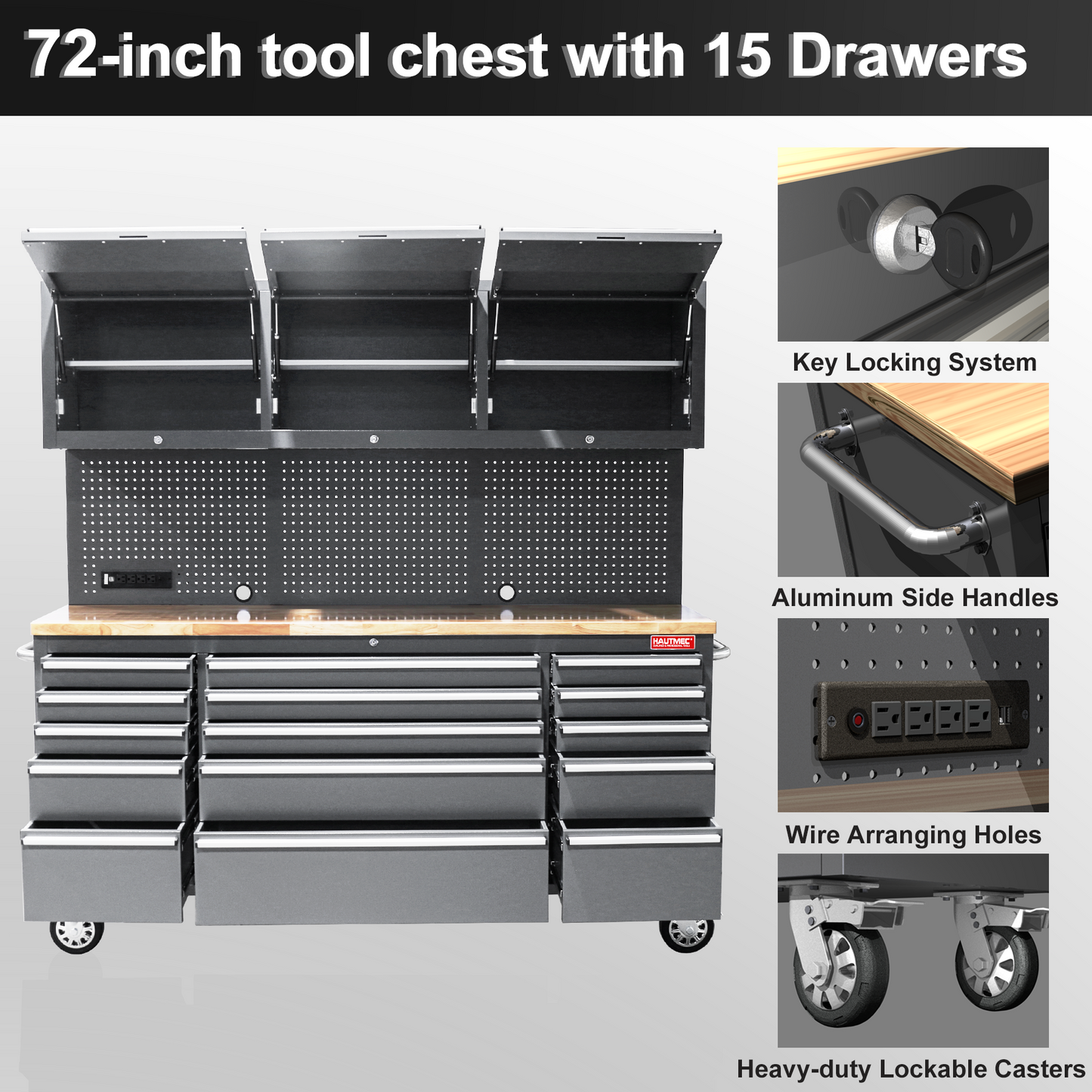 HAUTMEC 72-Inch Rolling Tool Chest，Mobile Garage Workbench，Tool Box on Wheels, Tool Cabinet with 15 Drawers, 3 Upper Cabinets, Pegboard, ETL-Certified Power Strip & Heavy-Duty Oak Work Surface