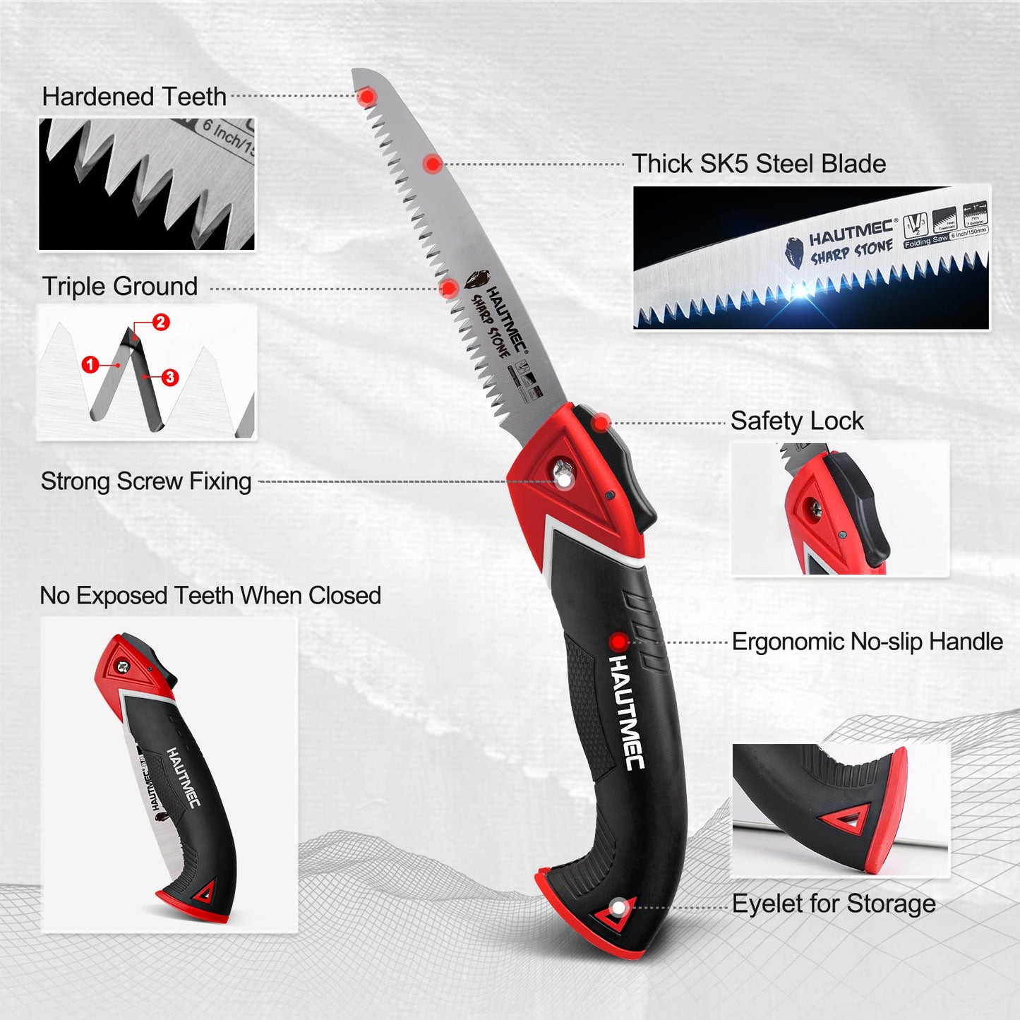 HAUTMEC 6 Inch Heavy Duty Pruning Handsaw of Sharp Stone Serie, SK5 Foldable Blade, Triple-cut Teeth, for Wood Cutting, Garden Camping, Landscaping, Tree Trimming HT0303