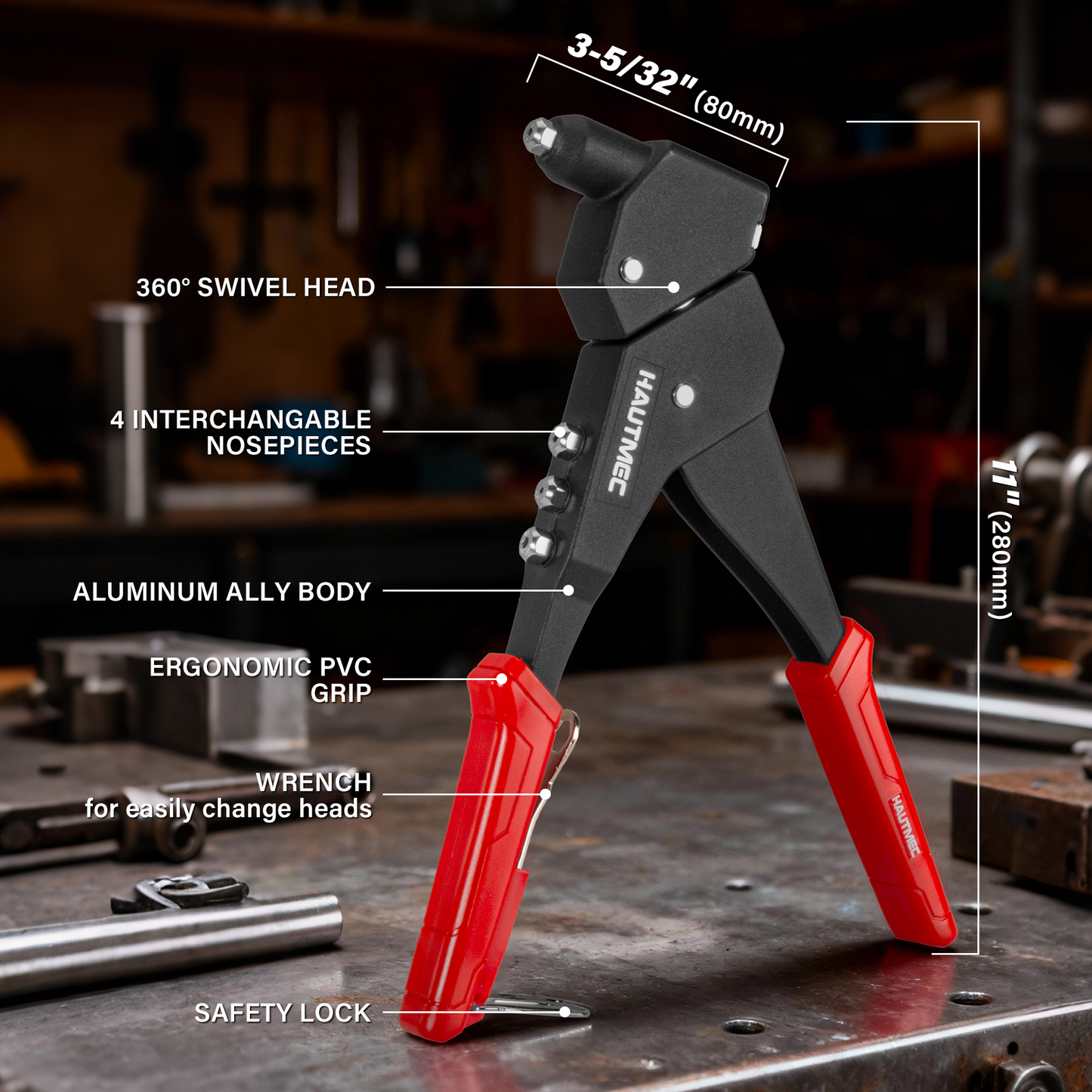 HAUTMEC 360° Swivel Head Rivet Gun with 120 Rivets 3/32"(2.4mm) 1/8"(3.2mm) 5/32"(4.0mm) 3/16"(4.8mm) and 4 Manual Interchangeable Rivet Heads HTRTM25062