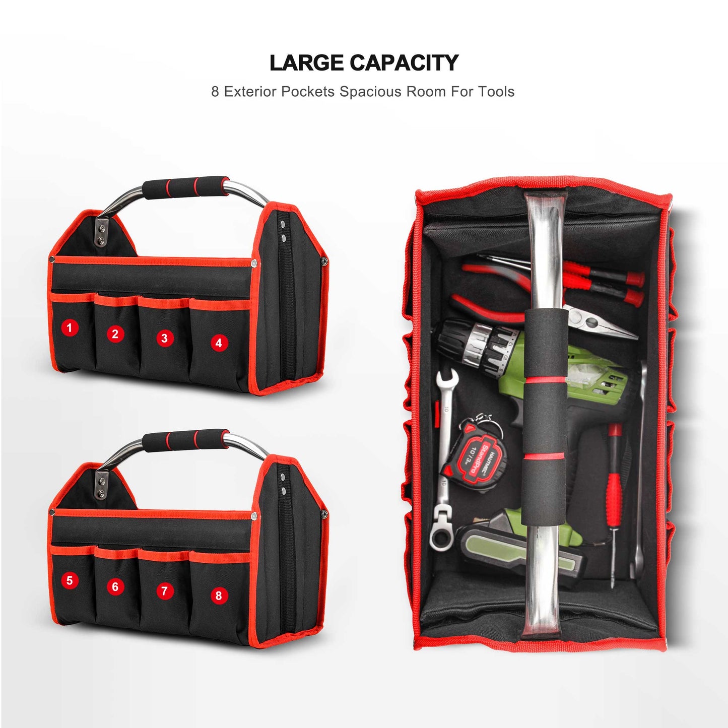 HAUTMEC 13-Inch Foldable Open Top Tote Bag, 8-Pocket Wide Mouth Tool Bag, Tubular Steel Heavy Duty Electrician Tool Bin for Tool Organization and Storage TB0001