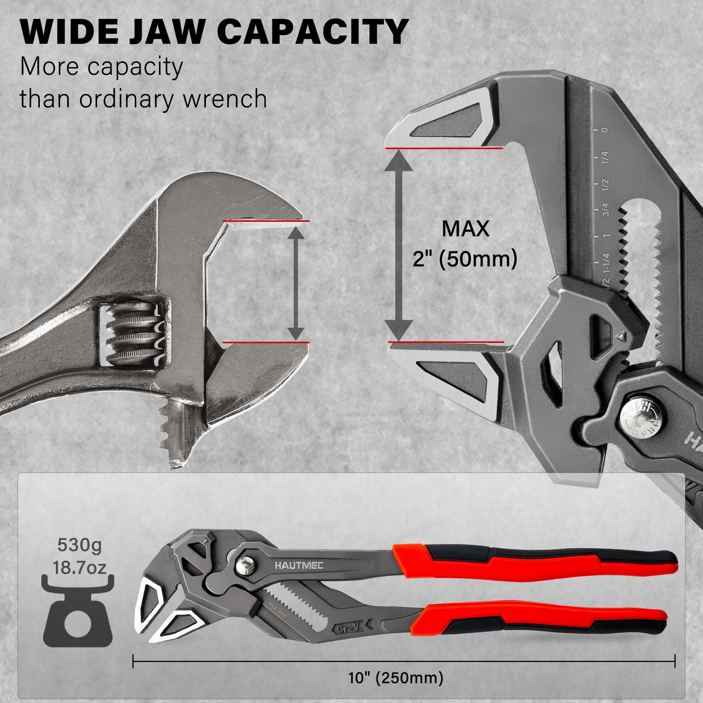 HAUTMEC Adjustable Pliers Wrench, 10-Inch Smooth Jaw Parallel Pliers, Heat-Treated CR-V Steel & Phosphated Rust-Resistant, SAE/Metric Scale, Storage Belt Pouch for Professional Plumbing & DIY  HTAWH25024
