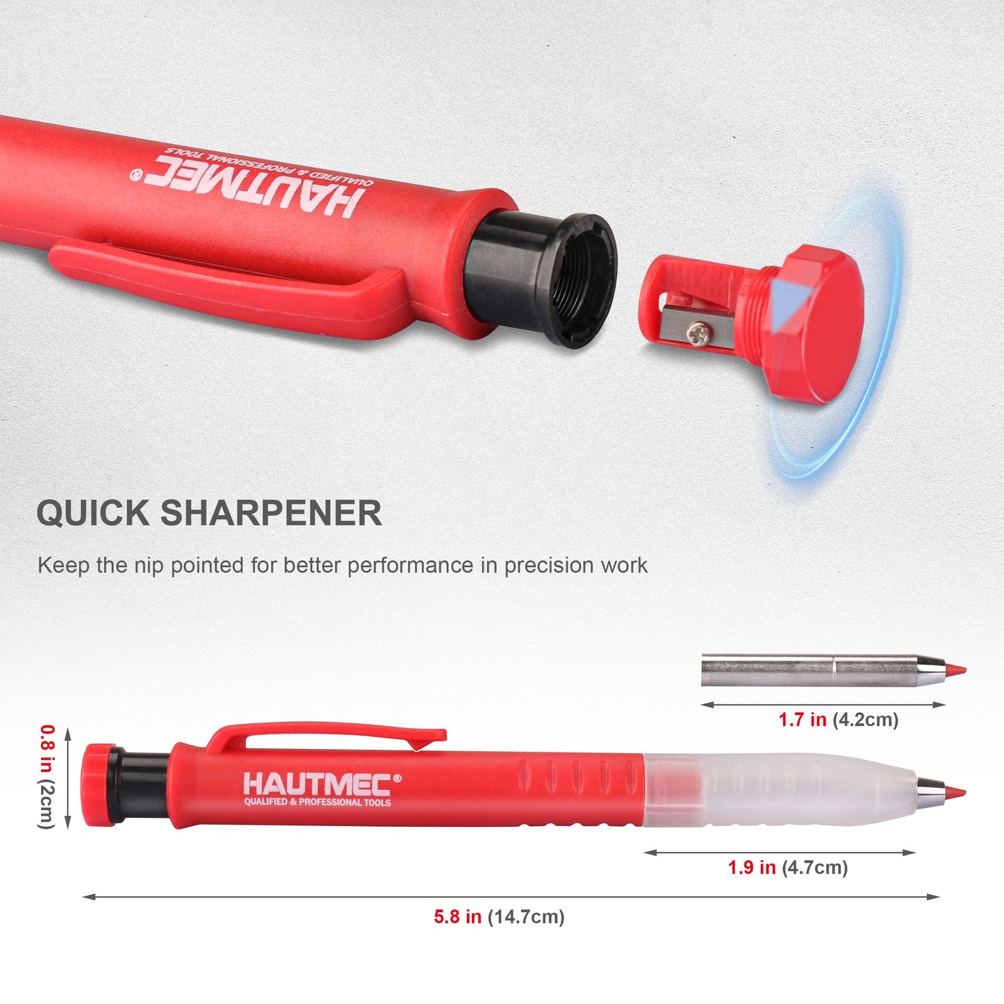 HAUTMEC 4Pcs Solid Carpenter Pencil with 6 Refills, Long Nose Deep Hole Mechanical Pencil Marker with Sharpener for Woodworking Architect Construction (Black, Yellow, Red) HT0293-DM-4PC