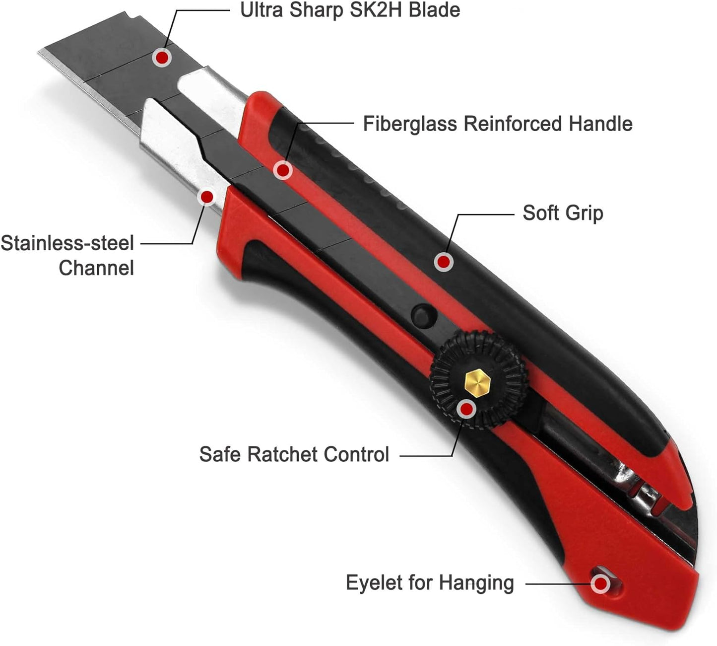 HAUTMEC 25mm Extra Heavy-Duty Utility Knife, Multi-Purpose Snap-off Box Cutter, Ratchet-lock Mechanism, Reinforced Fiberglass Handle HT0250-KN