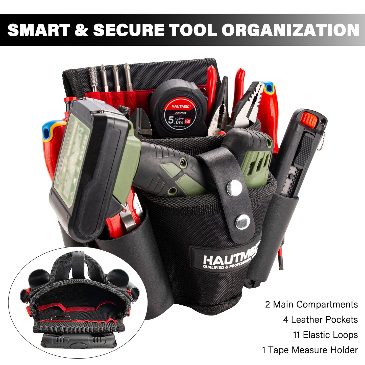 HAUTMEC Heavy-Duty Tool Pouch with Drill Holster, 1680D Tool Bag for Belt with Rubber Handle, 2 Main Compartments, 4 Leather Pockets, 11 Elastic Loops, Tape Measure Holder  – HT0410