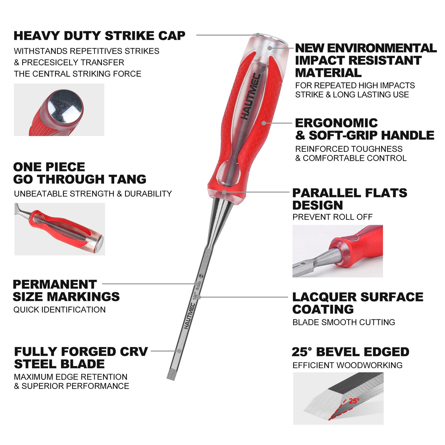 HAUTMEC 1/4" High Impact Wood Chisel for Woodworking, Drop-Forged CRV Steel, Beveled Edge Blade, Ergonomic Handle Wood Chisel for Carpentry,Wood Carvers, HT0359