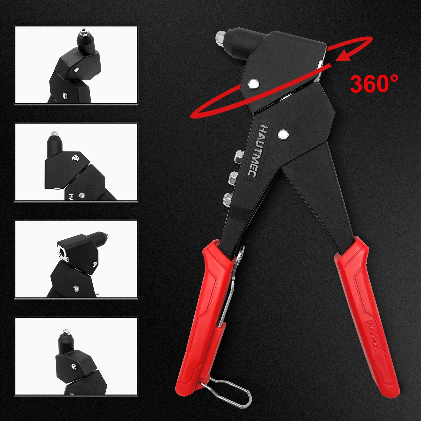 HAUTMEC Pop Rivet Gun,360° Swivel Head Hand Rivet Tool with 4 Manual Interchangeable Rivet Heads HT0128-HR