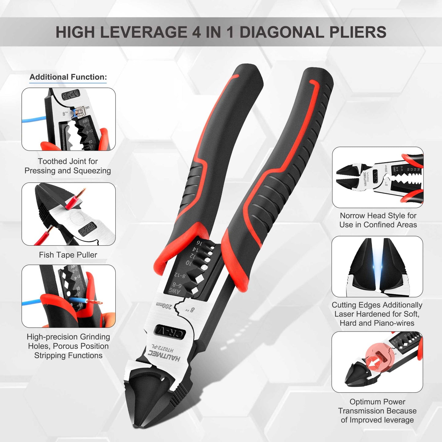 HAUTMEC 8" Wire Cutters,Pro-High Leverage Diagonal Pliers,4 in 1 Multifunction Heavy Duty Side Cutter HT0272-PL