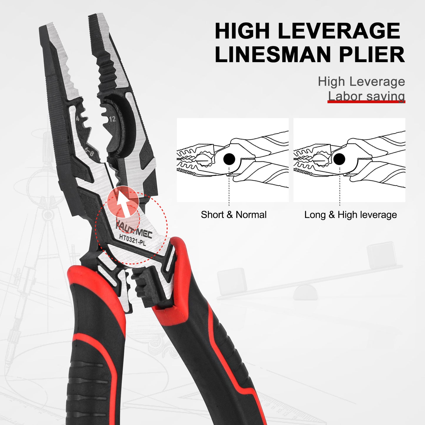 HAUTMEC Pro 8" Multifunctional Combination Linesman Plier with Cable Cutter, Wire Stripper, Terminal Crimping, Tool Clamping and Spanner, High leverage of Eccentric Design HT0321