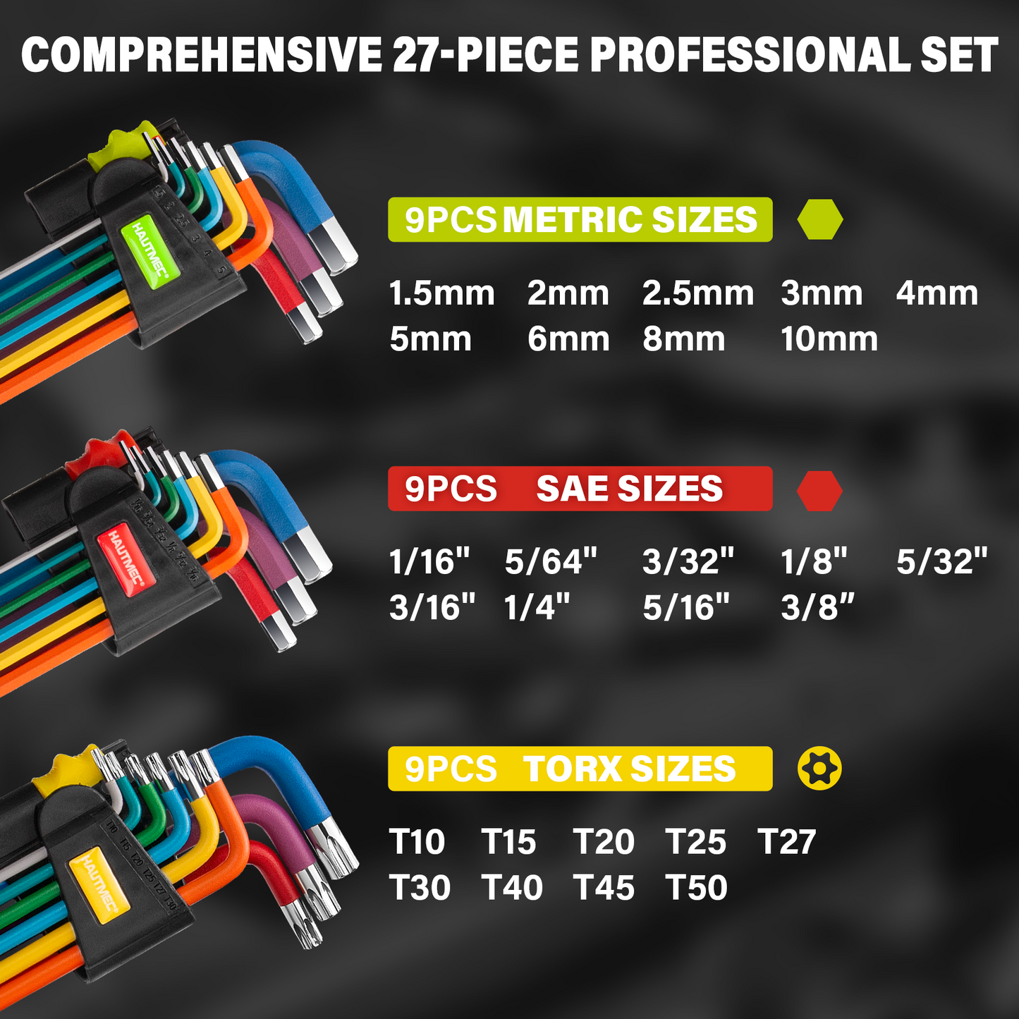 HAUTMEC 27PCS Long Allen Wrenches Sets with Ball End, SAE Metric Torx Allen Key Set with T-Handle Hex Key, 60CR-V Steel, Color Coded & Storage Bag,  SAE(1/16" to 3/8″),Metric(1.5-10mm),Torx (T10-T50) HTHKM25051