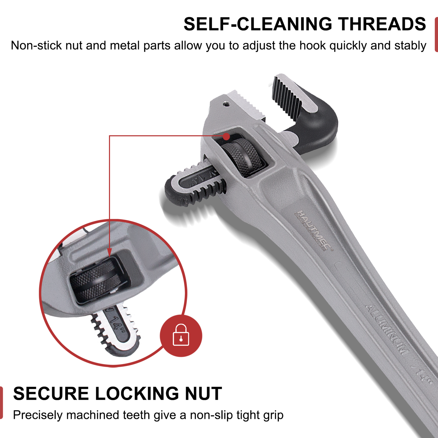 HAUTMEC 14 Inch Aluminum Offset Pipe Wrench, Heavy Duty Adjustable Plumbing Wrench, 2" Jaw Capacity, 40% Lighter Drop Forged Construction, for Use in Tight Spaces HT0189