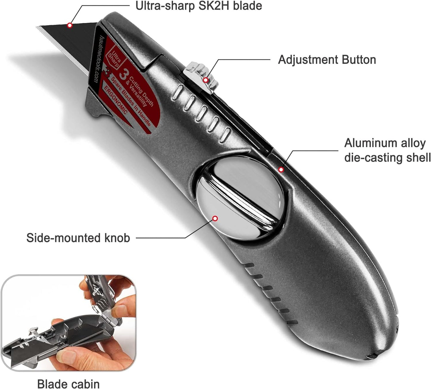 HAUTMEC Heavy-Duty Retractable Utility Knife, one-piece 3 Position Fixed Blade Box Cutter, Aluminum Alloy Shell with 3 extra blades HT0247-KN