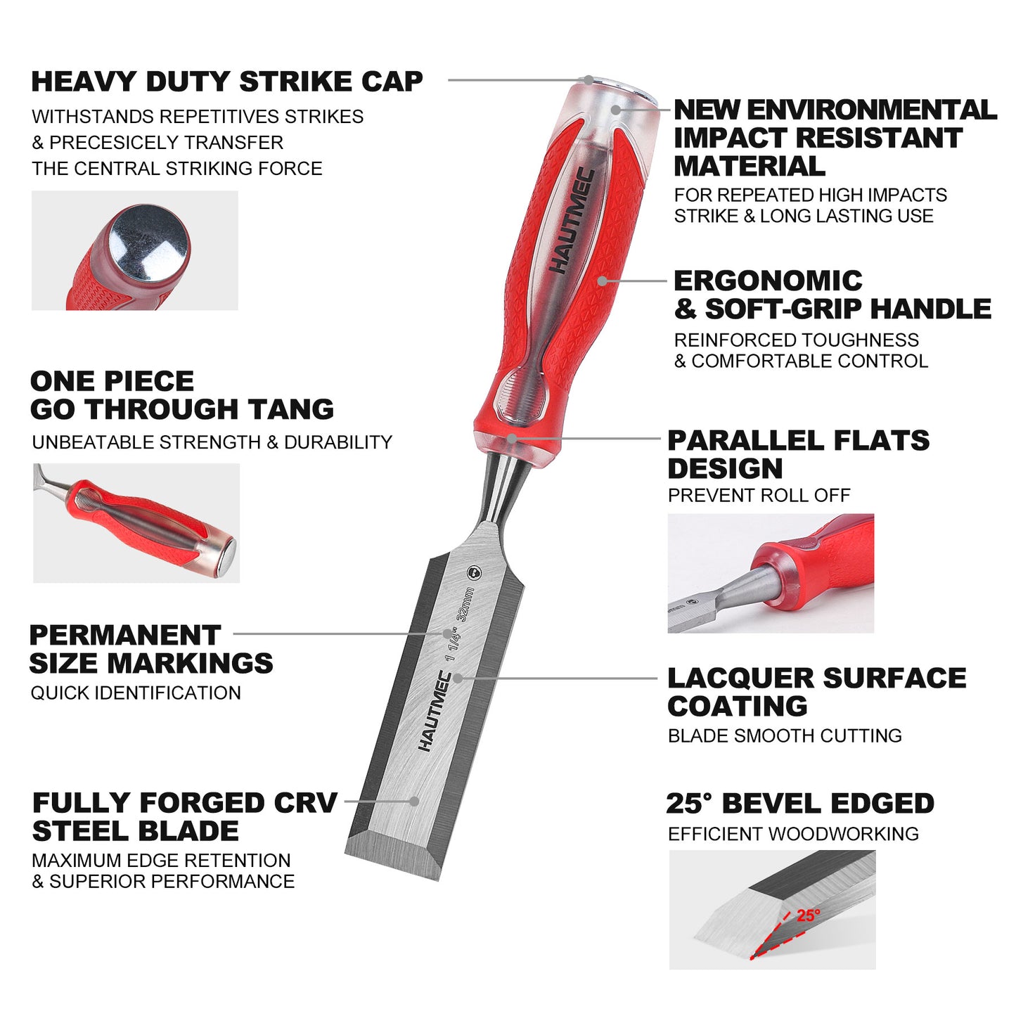 HAUTMEC 1-1/4" High Impact Wood Chisel for Woodworking, Drop-Forged CRV Steel, Beveled Edge Blade, Ergonomic Handle Wood Chisel for Carpentry,Wood Carvers, HT0363