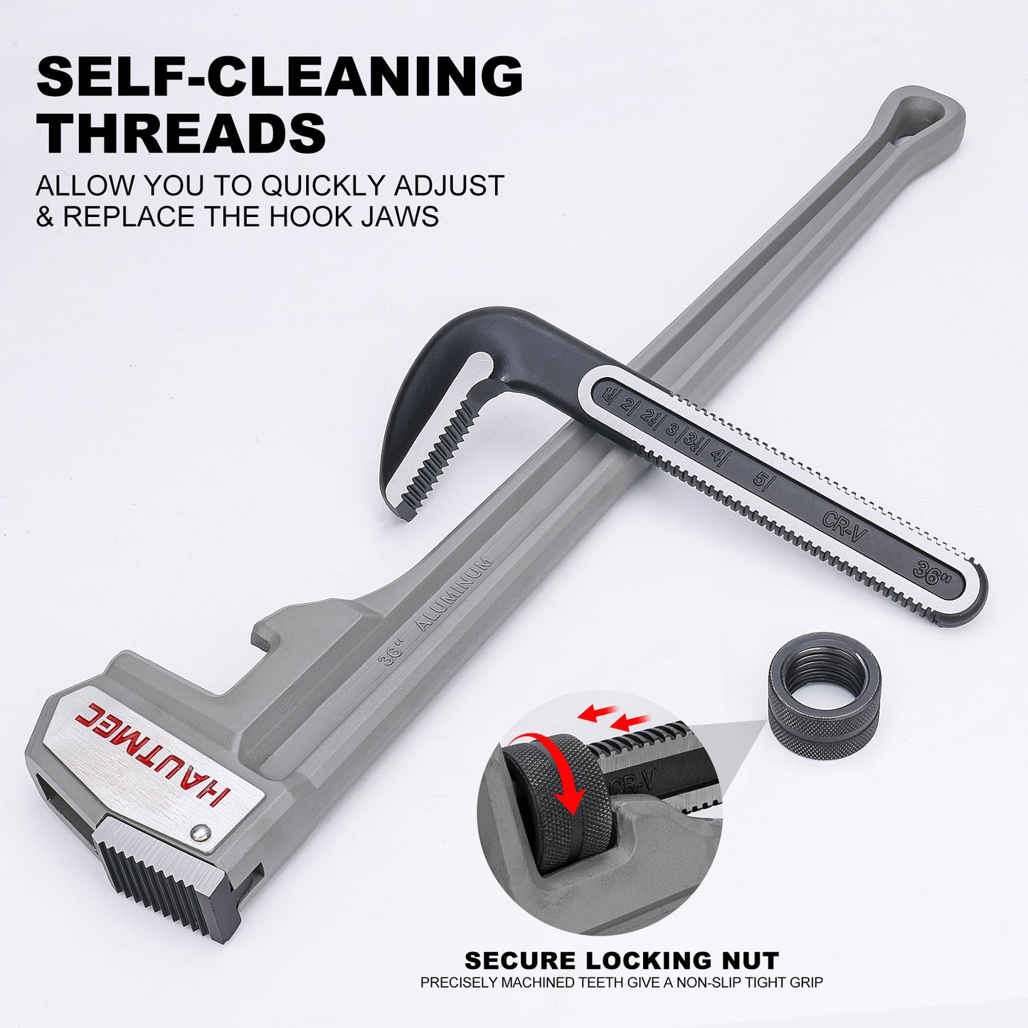 HAUTMEC 36 Inch Aluminum Straight Pipe Wrench, Heavy Duty Adjustable Plumbing Wrench, 4" Jaw Capacity, for Pipes, Tees, Ball Valves and Other Objects HT0188-PW