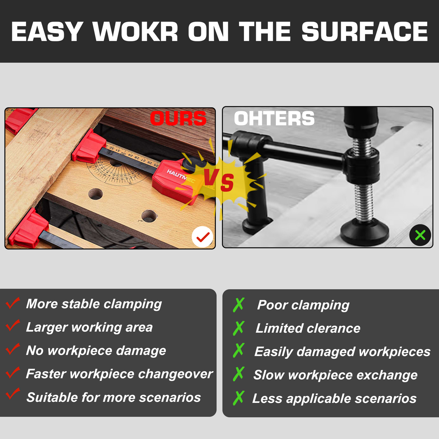HAUTMEC Quick-Change Clamping Elements, Adjustable Desktop Bar Clamps, Bench Dog Clamps for Woodworking HT0276-CL