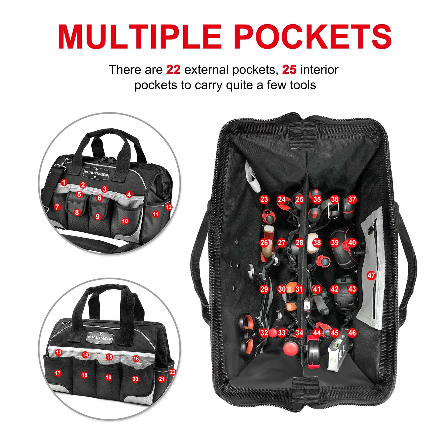 HAUTMEC Pro 16-inch Wide Mouth Tool Bag With 47 Pockets, Water-safe and Strengthened Base, Safety Reflective Straps for Tool Organization And Storage HT0183-TB