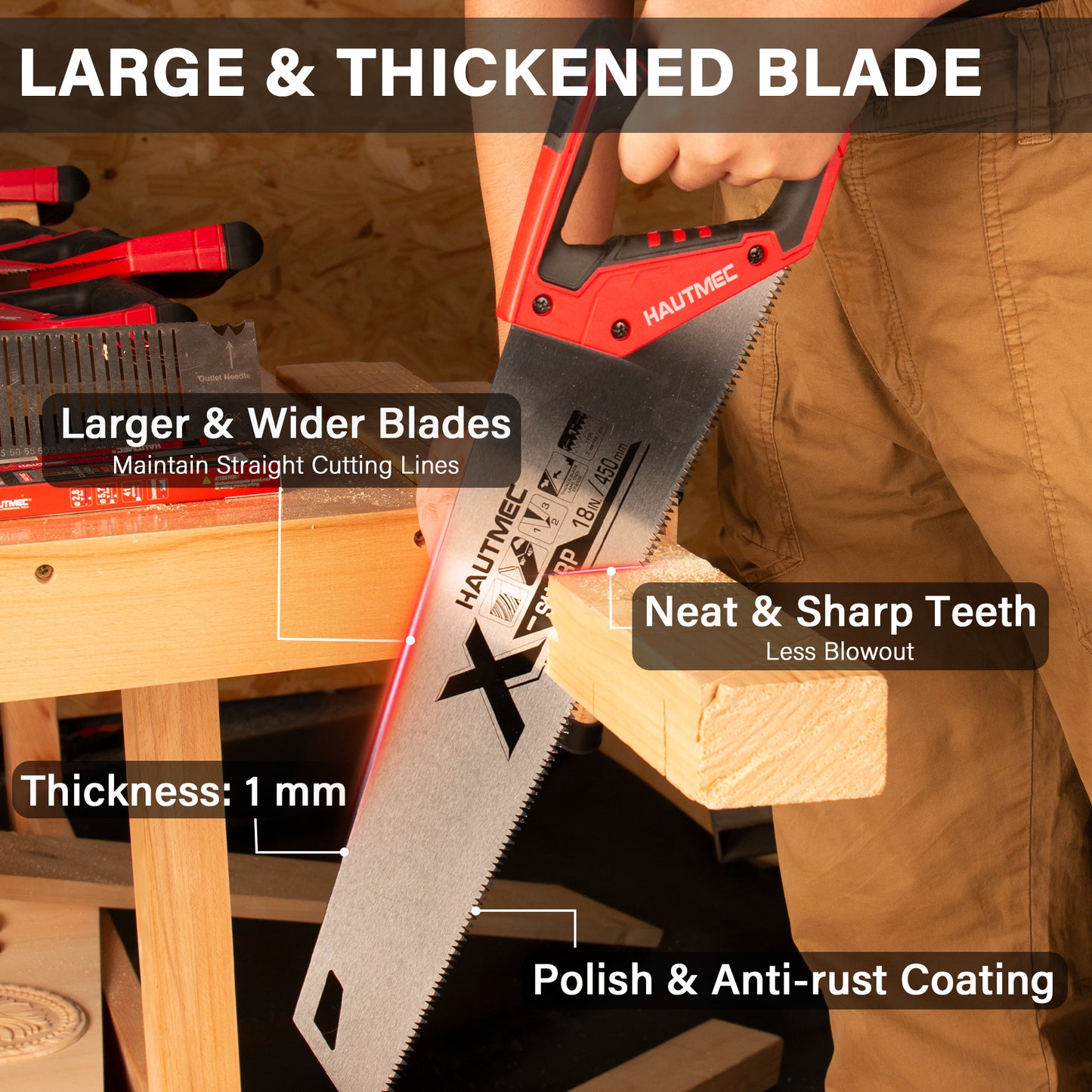 HAUTMEC 16 in. Universal X-Sharp Hand Saw - 11 TPI Fine Cuts Wood Saw - Professional Universal Saws for Wood, Laminate And Plastic - Ripcut And Crosscut Saw, HT0152-SA